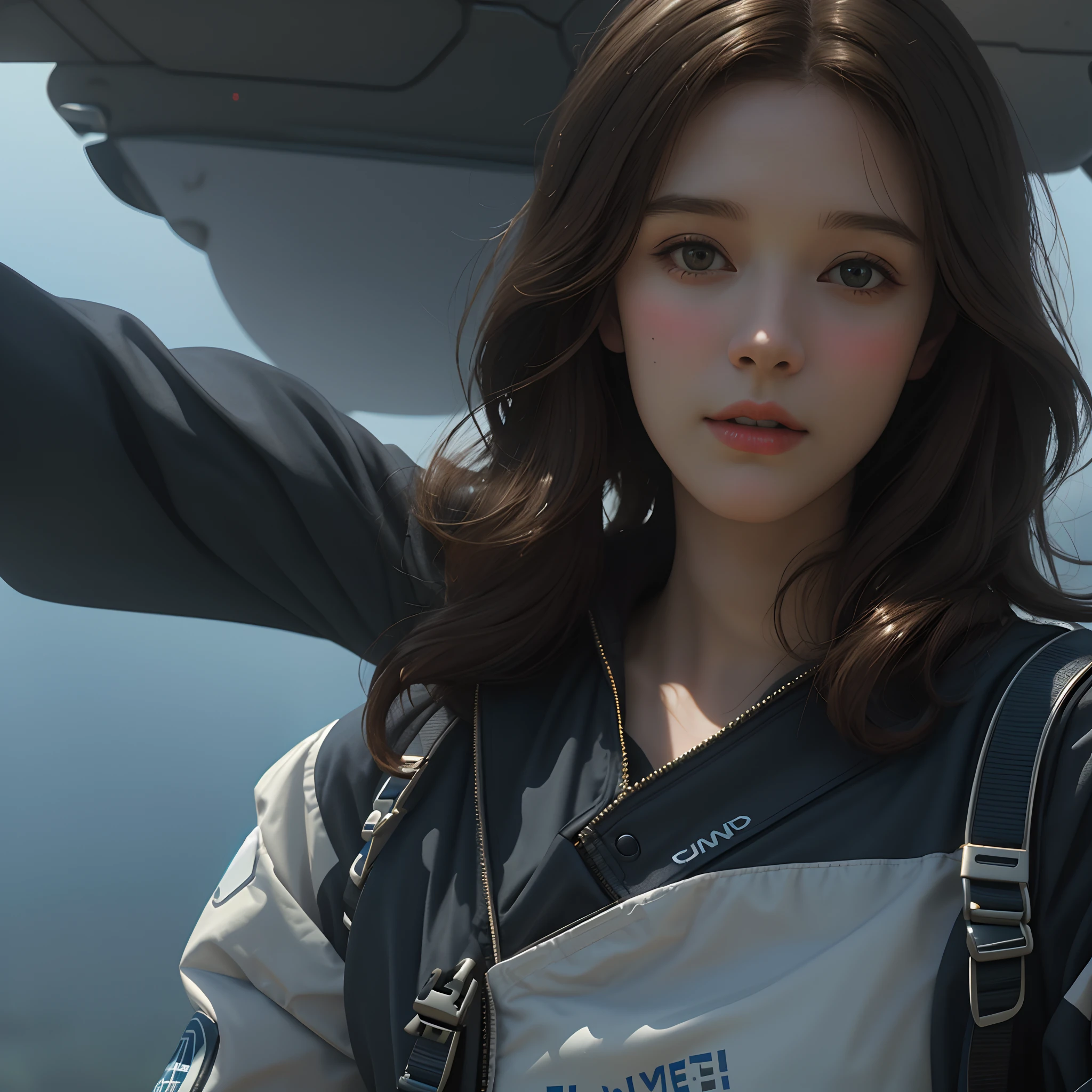 Wide show, Masterpiece, best quality, 1 35-year-old woman, solo, brunette hair, skydiving, 8 k ethereal, lighting, warm lighting, 4k extremely photorealistic, cgsociety uhd 4k highly detailed, trending on cgstation