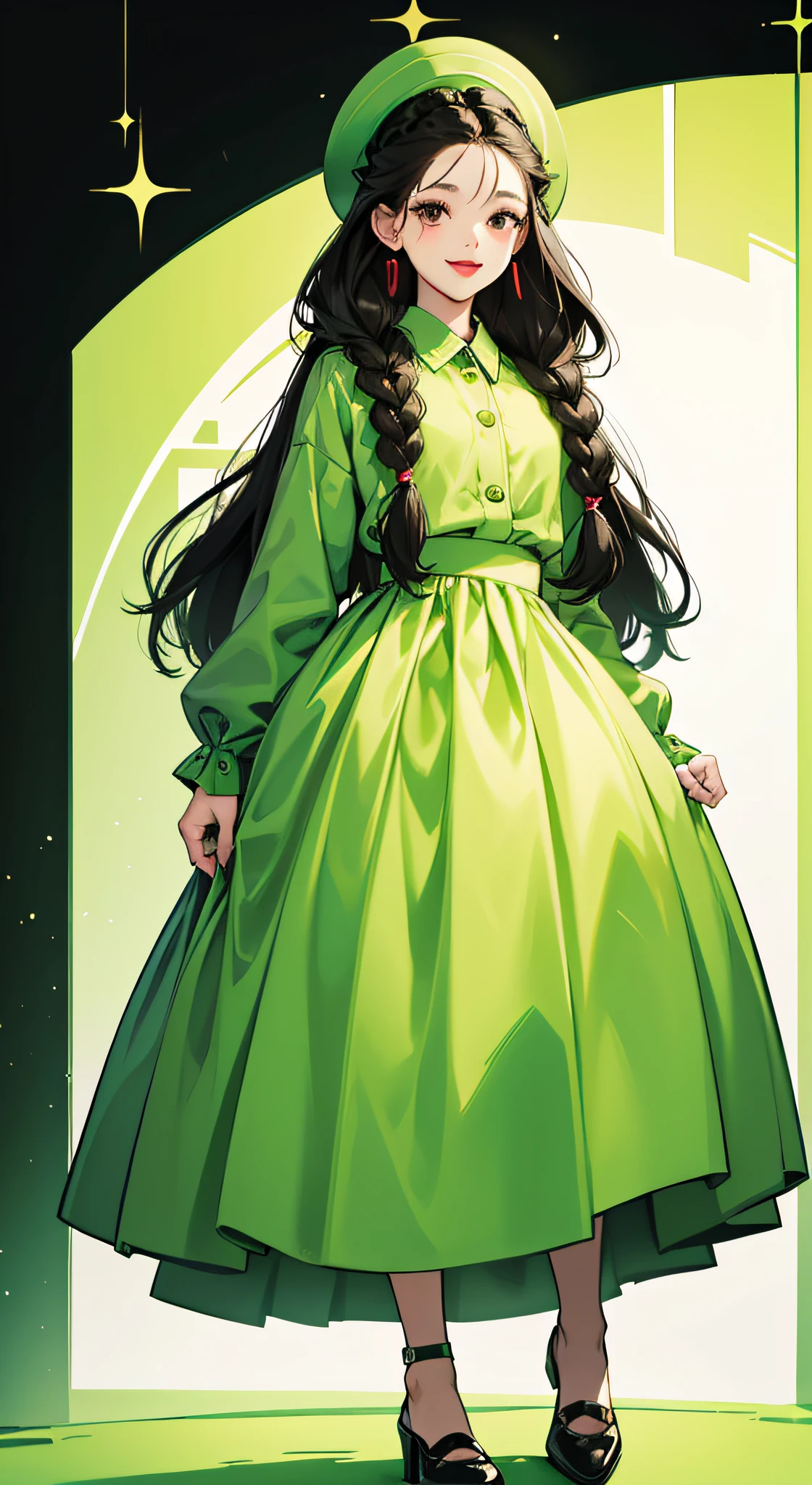Full body portrait、Hand-drawn illustration, girl in cute green outfit、Smile innocently、Dark hair、red lipsticks、Black eyes、On the head wears luxurious accessories、The hairstyle is braided、I wear a long skirt、The background is pop and cute..、Light is uniform