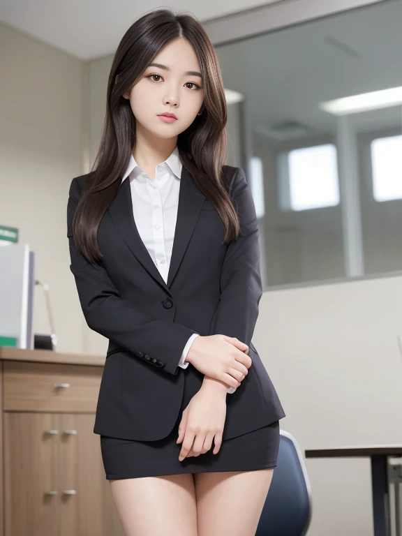 masterpiece, top quality, best quality, 1girl, brown hair, long hair, ((office)), small breast, standing, office uniform, blazer, looking at viewers,
