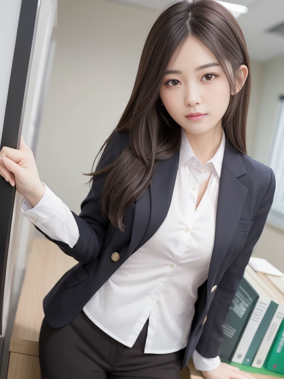 (top-quality、​masterpiece:1.2)、Best Quality、realisitic、photoshot、hight resolution、1080p、8K、Textured skin、Physical Rendering、1 Japan Girls、a junior high school student、kawaii、Young Face、Rolled hair、(Business suits:1.5)、Sit at the bar counter、full of shyness、smil、Big