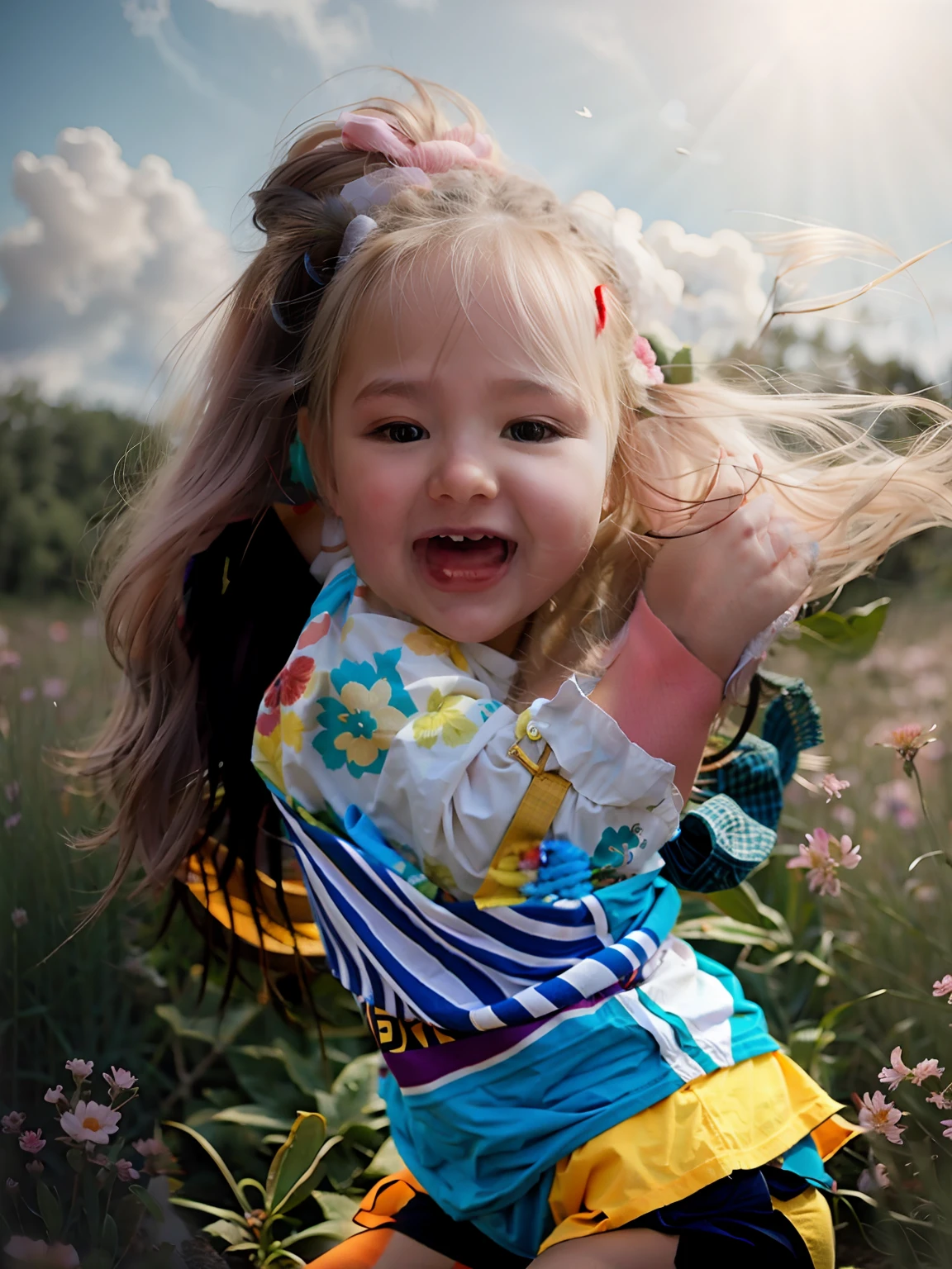 movie picture quality，Disney animation，style of disney animation，Disney movie animation，3D movies，China-style，Chubby long hair girl and puppy playing in country field，long hair and small braids，Denim suspenders，The barefoot，depth of fields，high light，Real light，Ray traching，oc rendered，Hyper-realistic，best qualtiy，8K，Works of masters，super-fine，Detailed pubic hair，Correct anatomy，sharp focus on eyes，Bokeh，Facial features are carefully depicted