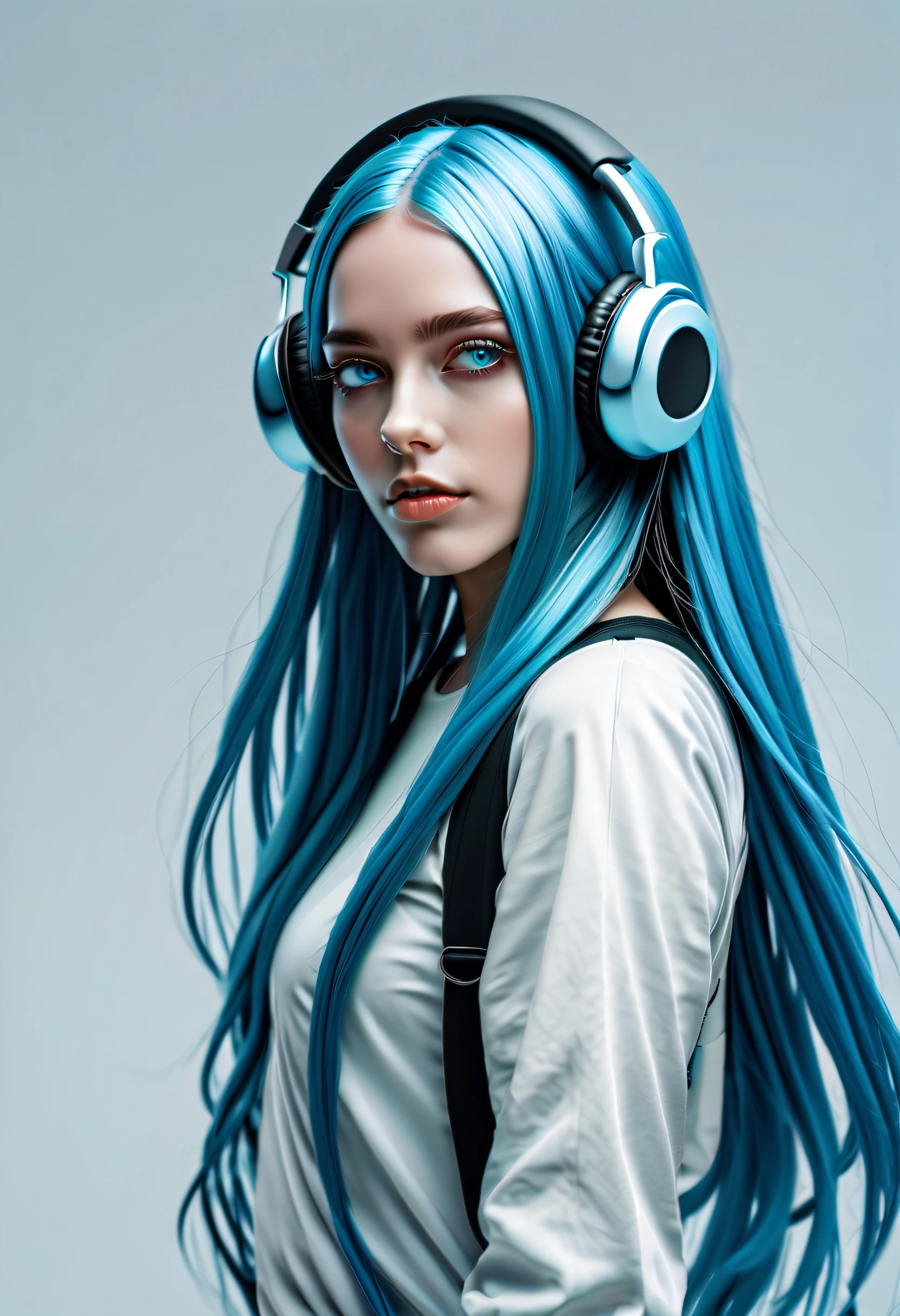 girl with long blue hair, blue eyes, futuristic vibes, mask on mouth, headphones, 8k, high quality, simple background, glowing eyes, nice pose