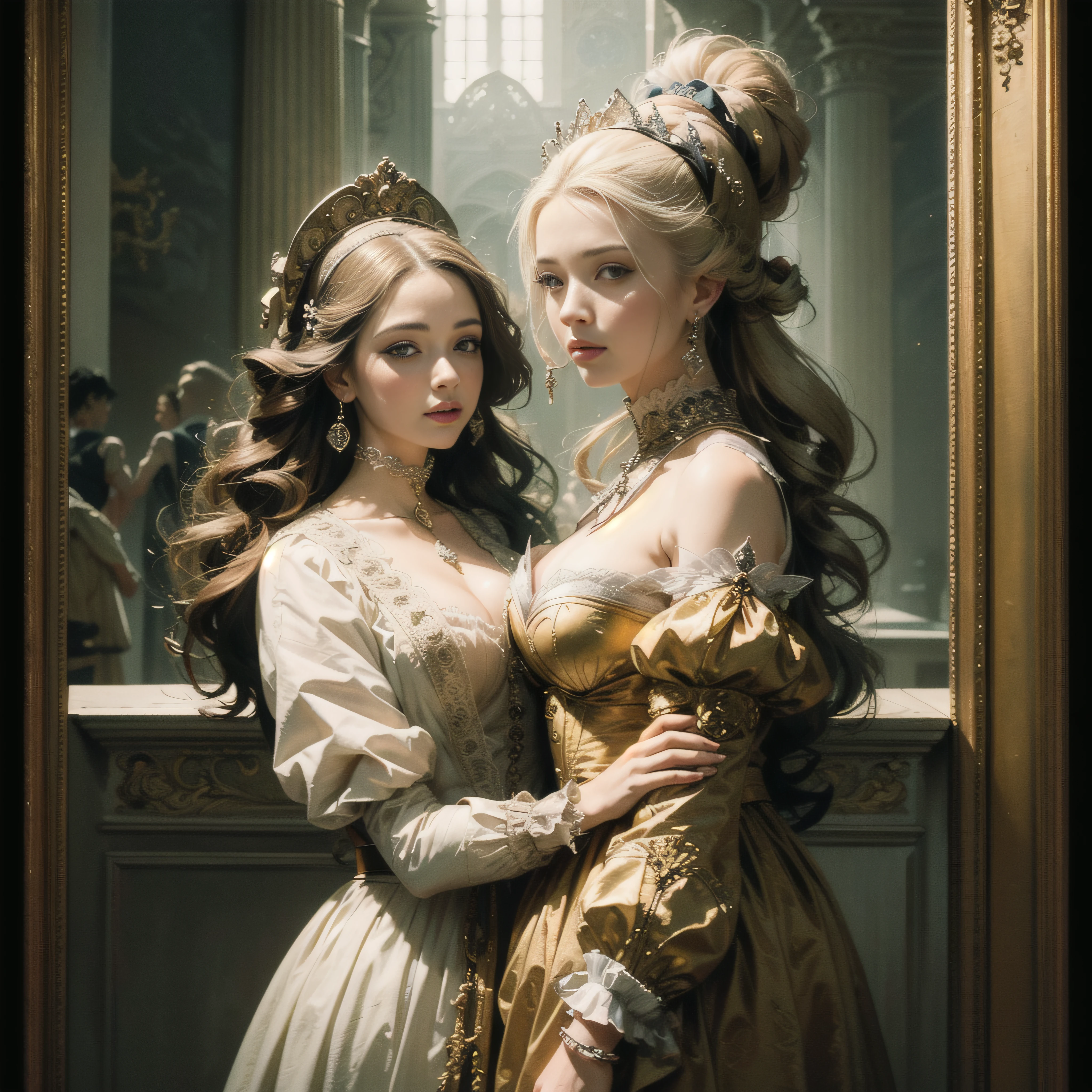 Masterpiece – Masterpiece ○○ quality – ○○ quality best quality(Highest Quality) , High quality(hiquality) etc ○○ detailed – ○○ details ultra detailed(Ultra-fine ) , Extremely detailed(Extremely detailed) , Finely detailed(Fine-grained) etc ○○ res – ○○ resolution ultra high res(超A high resolution) , very high res(hight resolution) etc Realistic – Realistic Photorealistic – photorealistic beautiful – beautiful 4k , 8K , 16K – 4K image quality , 8K , 16k distinct – clearly Best Aesthetic – Supremely Aesthetic ,Marie Antoinette embracing and kissing female lover's breasts, Palace of Versailles,ue,1人,up hairstyle