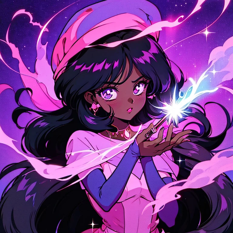 1girl, dark skin, Long black silky hair, witch casting a spell, glowing magic, colorful background, illustration