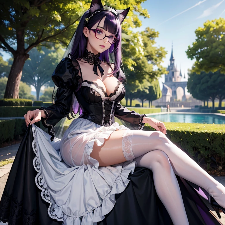 une femme adulte avec des lunettes dans un parc ,Black wedding dress with sleeves, Robe moulante, robe près du corps, black wedding viel, Lolita , gothiques, long skirt, cat ears, white stockings, Dark and purple hair, cheveux noirs et mèches violettes, oreilles de chat sur la tête, gros seins, belle poitrine , Décolleté important, Avatar de seconde vie, Belle capture d’écran, charme , Seconde vie, Plan rapproché entre les jambes , femme séduisante, portant des lunettes noires brillantes