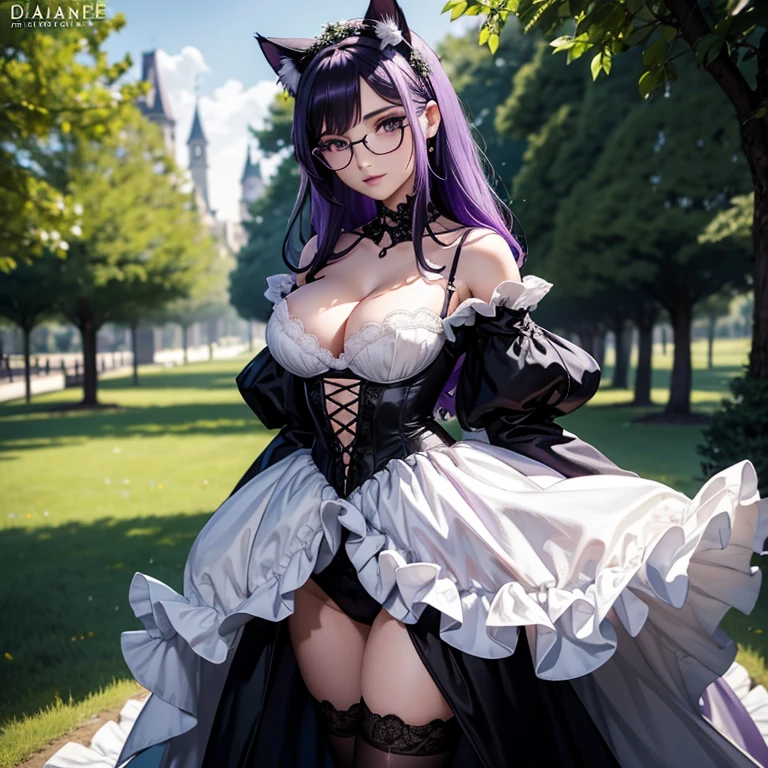 une femme adulte avec des lunettes dans un parc ,Black wedding dress with sleeves, Robe moulante, robe près du corps, black wedding viel, ta , gothiques, long skirt, cat ears, white stockings, Dark and purple hair, cheveux noirs et mèches violettes, oreilles de chat sur la tête, gros seins, belle poitrine , Décolleté important, Avatar de seconde vie, Belle capture d’écran, charme , Seconde vie, Plan rapproché entre les jambes , femme séduisante, portant des lunettes noires brillantes