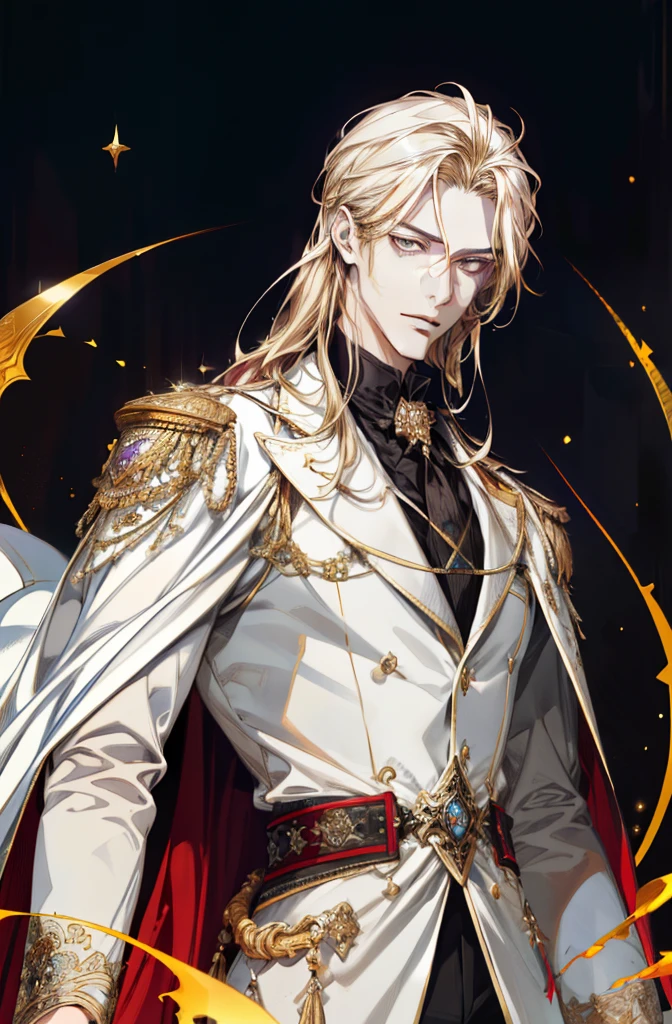 (absurd, high resolution, super detailed), 1 male, black eyes, brown hair, scholarly temperament, all black formal wear, Victorian clothing, masterpiece, (absurdres:1.1), best quality, extremely delicate, (beautiful face:1.1), elegant, (great composition), bags under eyes, masterpiece, (sinister smirk {(best quality, 8k, masterpiece, HDR, soft lighting, perfect image, digital illustration, manhwa art, hyper detailed image, perfect lines, realistic)} 1 very handsome man, shoulder length blonde hair, red eyes, luxurious clothes (imposing posture, black background with golden sparkles)}02 confident smirk (absurd, high resolution, super detailed), 1 male, black eyes, long shoulder length blonde hair, outfit color goldered and white formal wear, Victorian clothing, white cape, (cold beauty: 1.2), adult, handsome, thin man, broad shoulders, fine eyes and detailed face, god, symbolism, sun visual arts, occult, universal, visual projection, philosophy, iconography, numerology, pop, art, alfonse Mucha main colors gold red white god of the sun