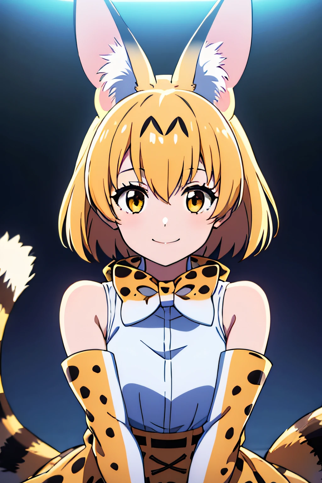 SERVAL, ANIMAL EARS, SHORT HAIR, SERVAL PRINT, TAIL, GLOVES, SHIRT, BOW, BOWTIE, ELBOW GLOVES, PRINT BOW, PRINT BOWTIE, SLEEVELESS, SKIRT, WHITE SHIRT, SLEEVELESS SHIRT, BARE SHOULDERS, 1girl, solo, facing viewer, looking at viewer, upper body, smile