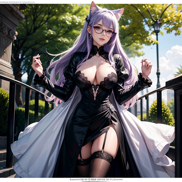 une femme adulte avec des lunettes dans un parc ,Black wedding dress with sleeves, Robe moulante, robe près du corps, black wedding viel, ta , gothiques, long skirt, cat ears, white stockings, Dark and purple hair, cheveux noirs et mèches violettes, oreilles de chat sur la tête, gros seins, belle poitrine , Décolleté important, Avatar de seconde vie, Belle capture d’écran, charme , Seconde vie, Plan rapproché entre les jambes , femme séduisante, portant des lunettes noires brillantes