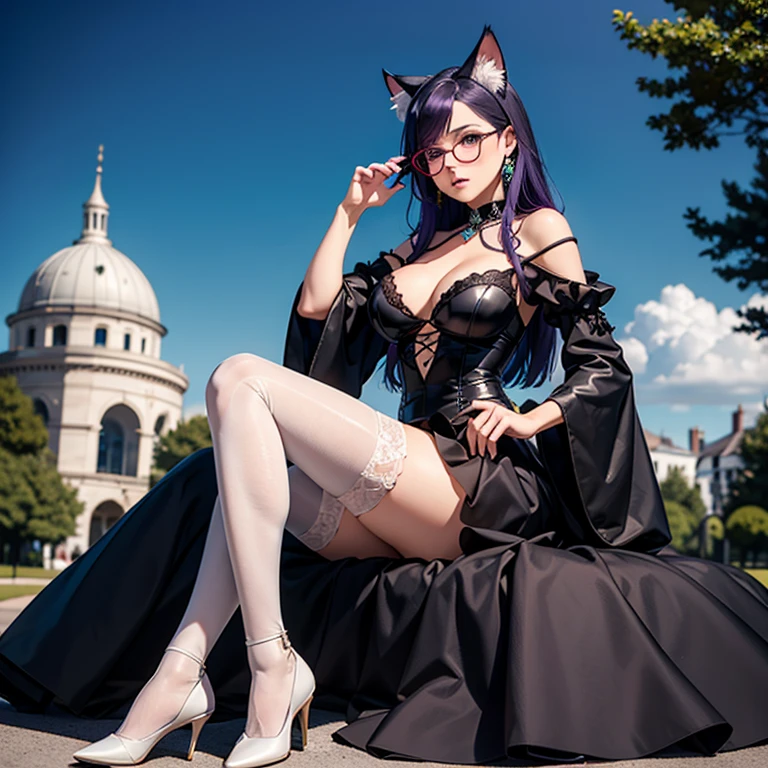une femme adulte avec des lunettes dans un parc ,Black wedding dress with sleeves, Robe moulante, robe près du corps, black wedding viel, ta , gothiques, long skirt, cat ears, white stockings, Dark and purple hair, cheveux noirs et mèches violettes, oreilles de chat sur la tête, gros seins, belle poitrine , Décolleté important, Avatar de seconde vie, Belle capture d’écran, charme , Seconde vie, Plan rapproché entre les jambes , femme séduisante, portant des lunettes noires brillantes