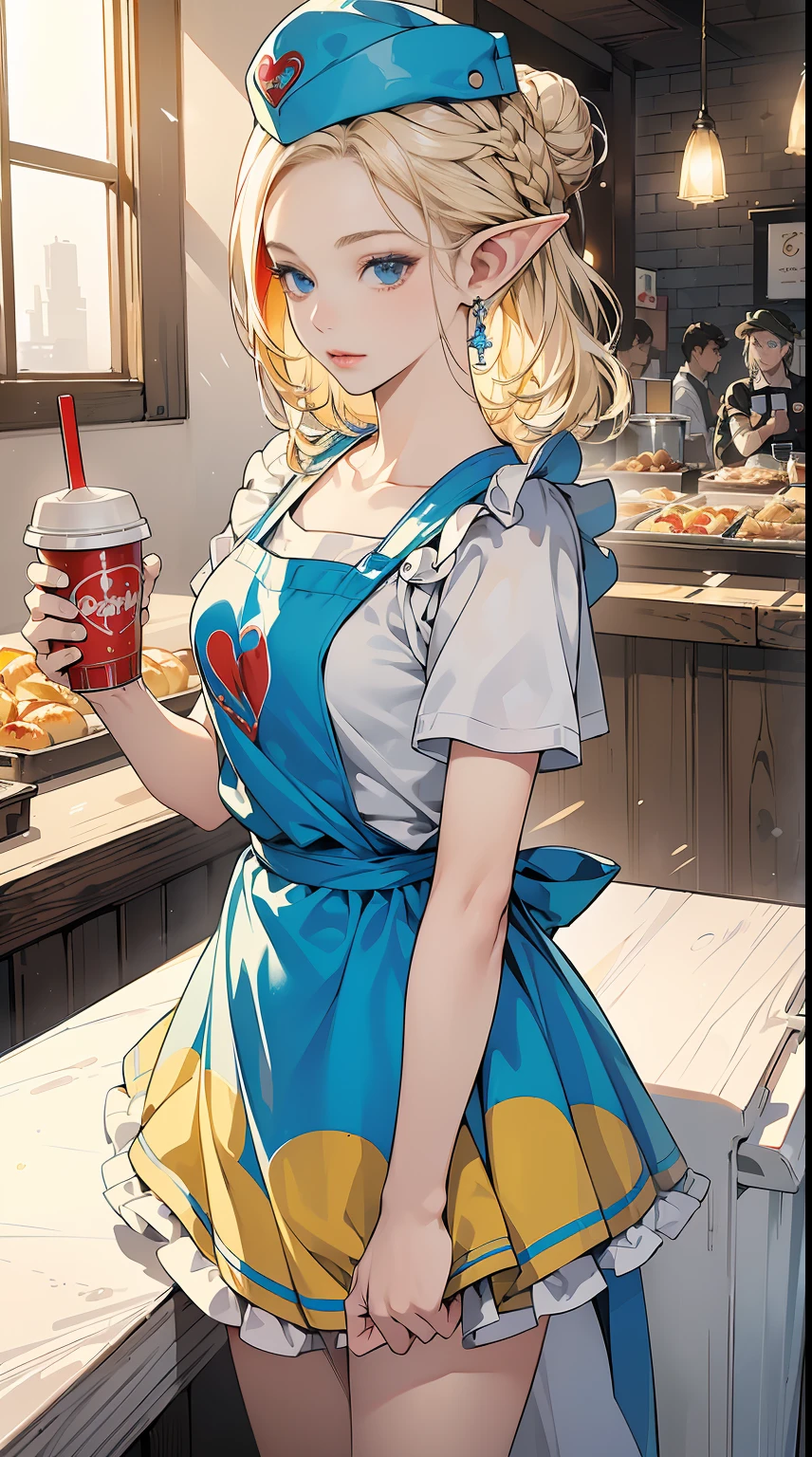 (masterpiece), best quality, expressive eyes, perfect face, (1elf girl working at a fast food restaurant), ((wearing a yellow and red apron and a food service hat)), (standing behind the cash register with the menu on the board behind her), paint on her fingers, a large soda cup sitting next to her on the counter, ((clean and colorful restaurant interior)), (Braid Bun hair, short hair, Perfect lips, (white blonde hair, Deep Blue Eyes:1.2), Gentle expression. By Yusuke Murata.