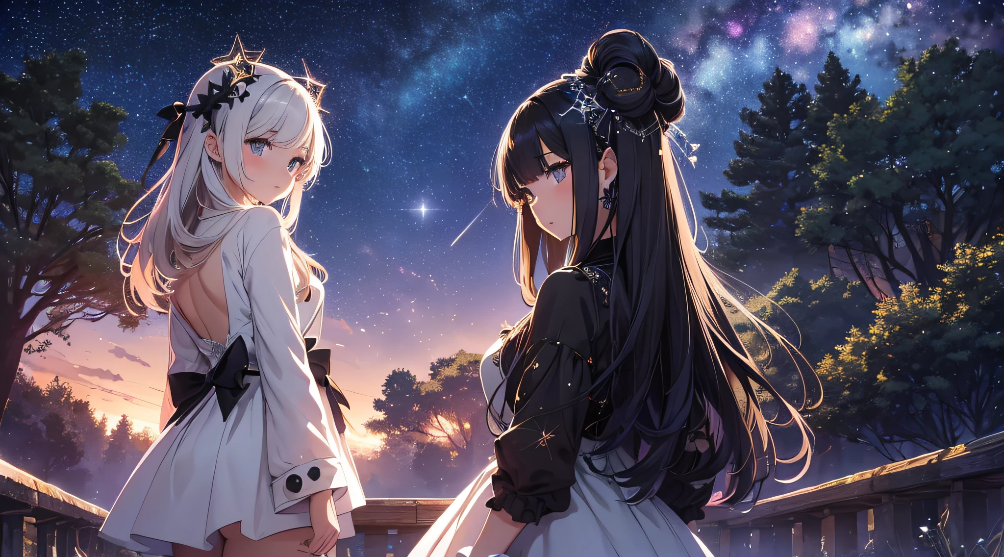 masterpiece、High Detailed Girls((a beauty girl、onepiece、Rear view、Highly detailed hair ornament、Twin-tailed))、Background with((Fantastic starry sky、meteors、black hole))、Depth((Giant Tree、Fantastic、Luminescent))、