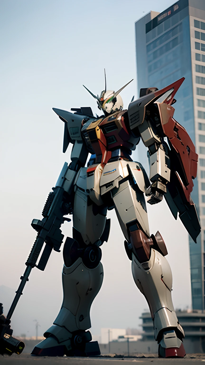 best quality, masterpiece, ultra-detailed, military green, black red, futuristic mecha armor, huge machine mech, gundam dynames, armor wings, sniper rifle, flying backwards while firing gun