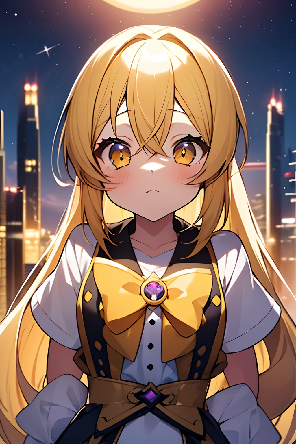 1girl. yellow hair.long hair.twintails.short stature. small breast.skirt. (((masterpiece))).(((best quality))).)((ultra-detailed))).(((illustration))). (((put your hands on your hips))).(((night view))).Magical girl costume.magic circles.