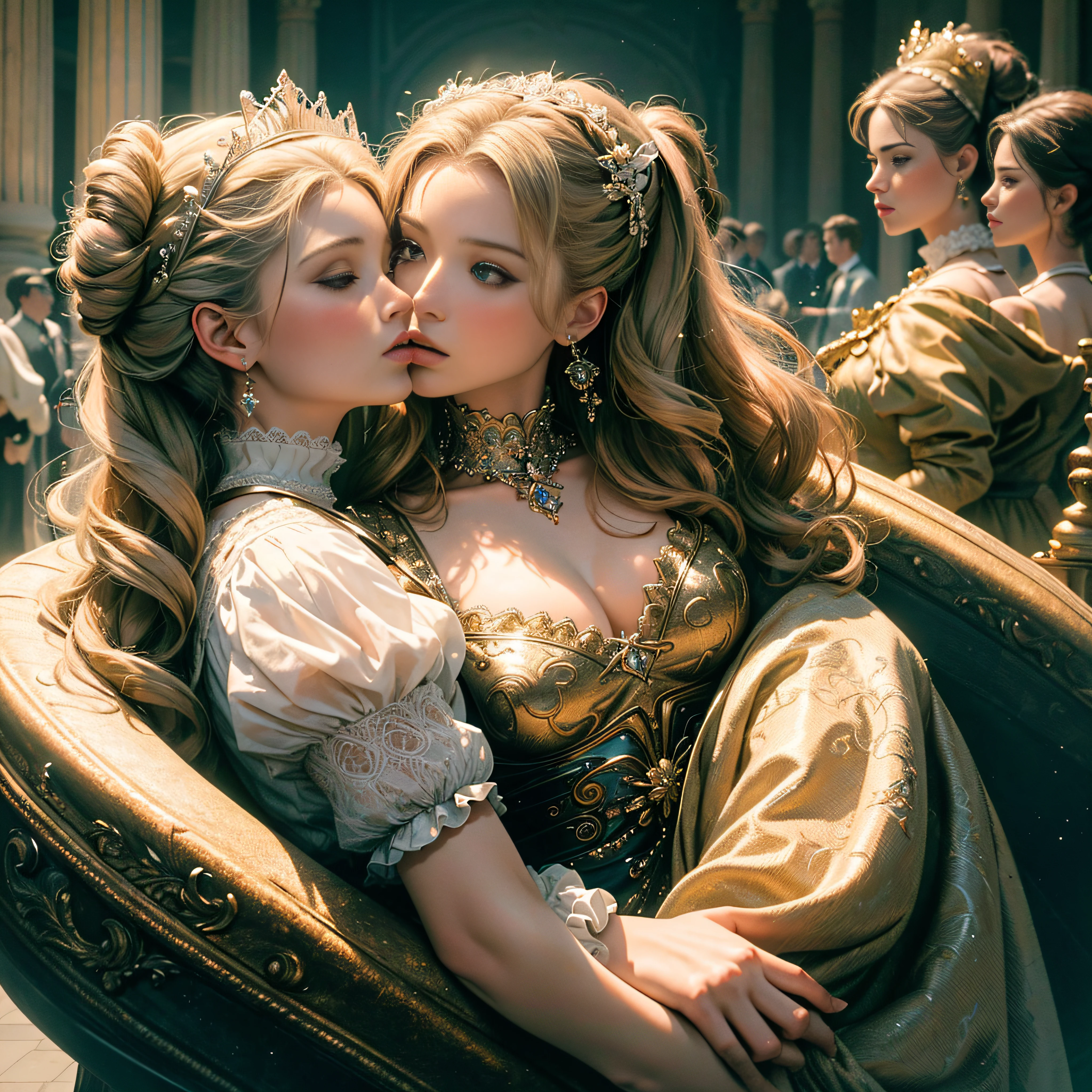 Masterpiece – Masterpiece ○○ quality – ○○ quality best quality(Highest Quality) , High quality(hiquality) etc ○○ detailed – ○○ details ultra detailed(Ultra-fine ) , Extremely detailed(Extremely detailed) , Finely detailed(Fine-grained) etc ○○ res – ○○ resolution ultra high res(超A high resolution) , very high res(hight resolution) etc Realistic – Realistic Photorealistic – photorealistic beautiful – beautiful 4k , 8K , 16K – 4K image quality , 8K , 16k distinct – clearly Best Aesthetic – Supremely Aesthetic ,Marie Antoinette embracing and kissing her female lover, Palace of Versailles,ue,1人,up hairstyle