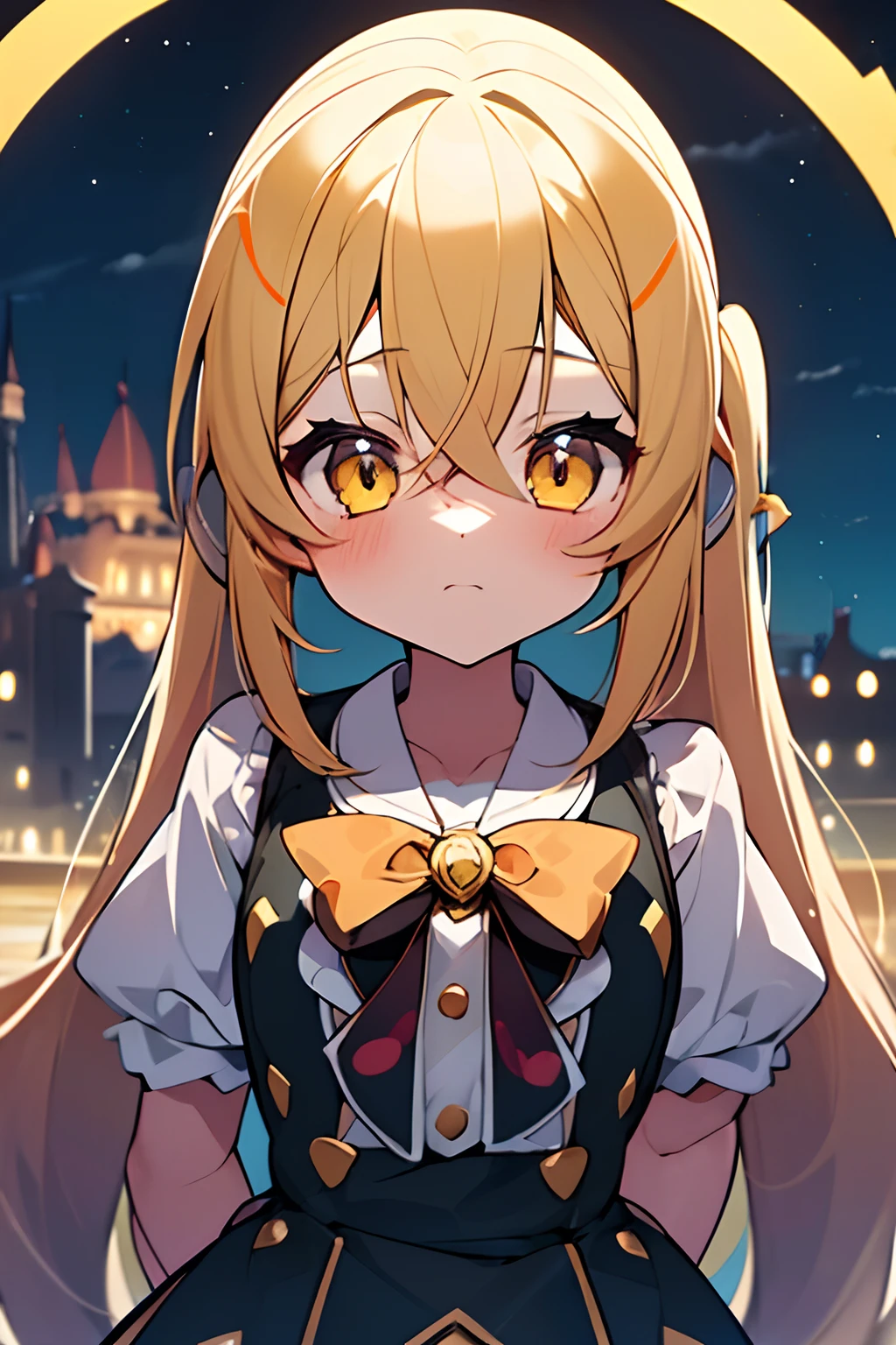 1girl. yellow hair.long hair.twintails.short stature. small breast.skirt. (((masterpiece))).(((best quality))).)((ultra-detailed))).(((illustration))). (((put your hands on your hips))).(((night view))).Magical girl costume.magic circles.