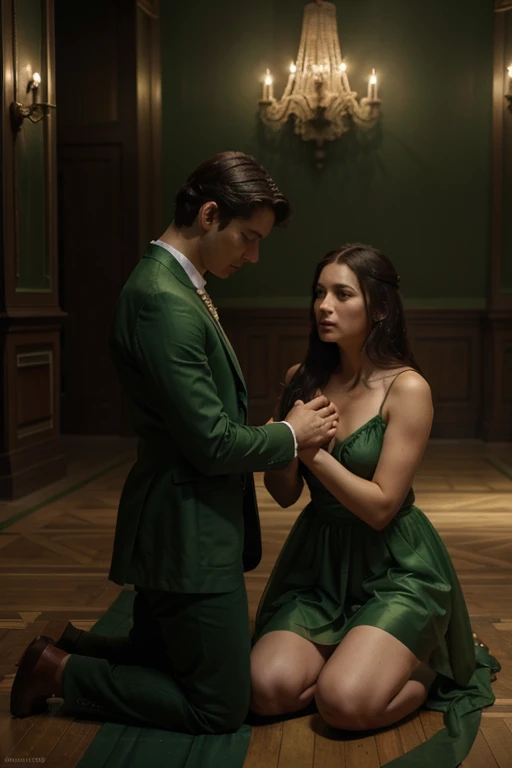 a man kneeling down to a woman in a green dress, by Elena Guro, movie promotional image, by Nicholas Marsicano, by Emma Andijewska, roberto ferri and ruan jia, by Silvia Pelissero, [ theatrical ], by Nikita Veprikov, by Silvia Dimitrova, by Olga Rozanova, fanart