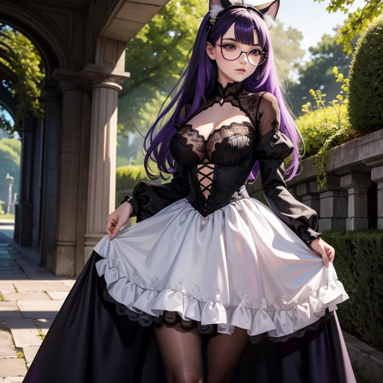 une femme adulte avec des lunettes dans un parc ,Black wedding dress with sleeves, Robe moulante, robe près du corps, black wedding viel, ta , gothiques, long skirt, cat ears, white stockings, Dark and purple hair, cheveux noirs et mèches violettes, oreilles de chat sur la tête, gros seins, belle poitrine , Décolleté important, Avatar de seconde vie, Belle capture d’écran, charme , Seconde vie, Plan rapproché entre les jambes , femme séduisante, portant des lunettes noires brillantes