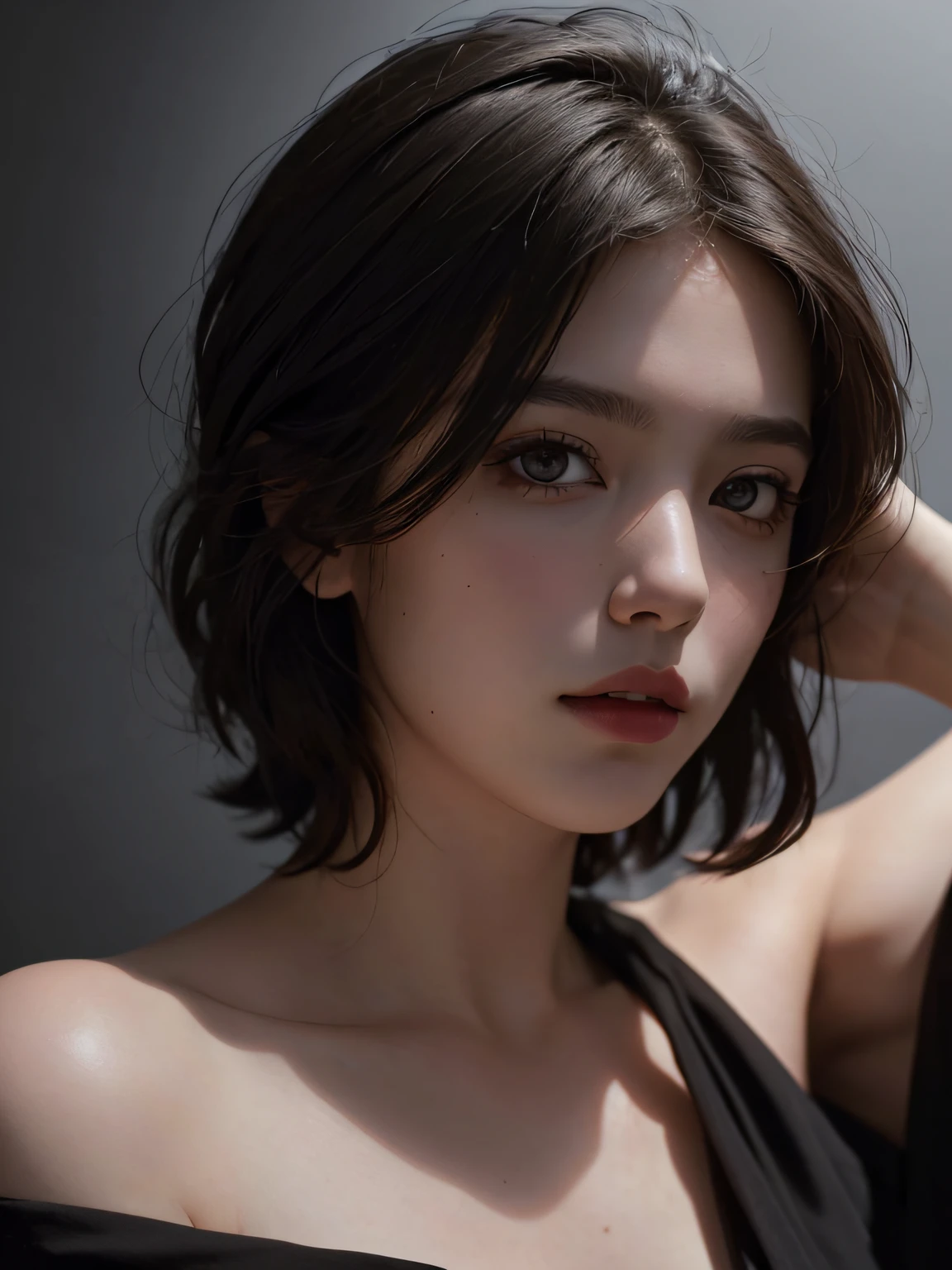 Best quality, masterpiece, ultra high res, (photorealistic:1.5), raw photo, 1girl, offshoulder, in the dark, deep shadow, low key, cold light, sexy look, short hair