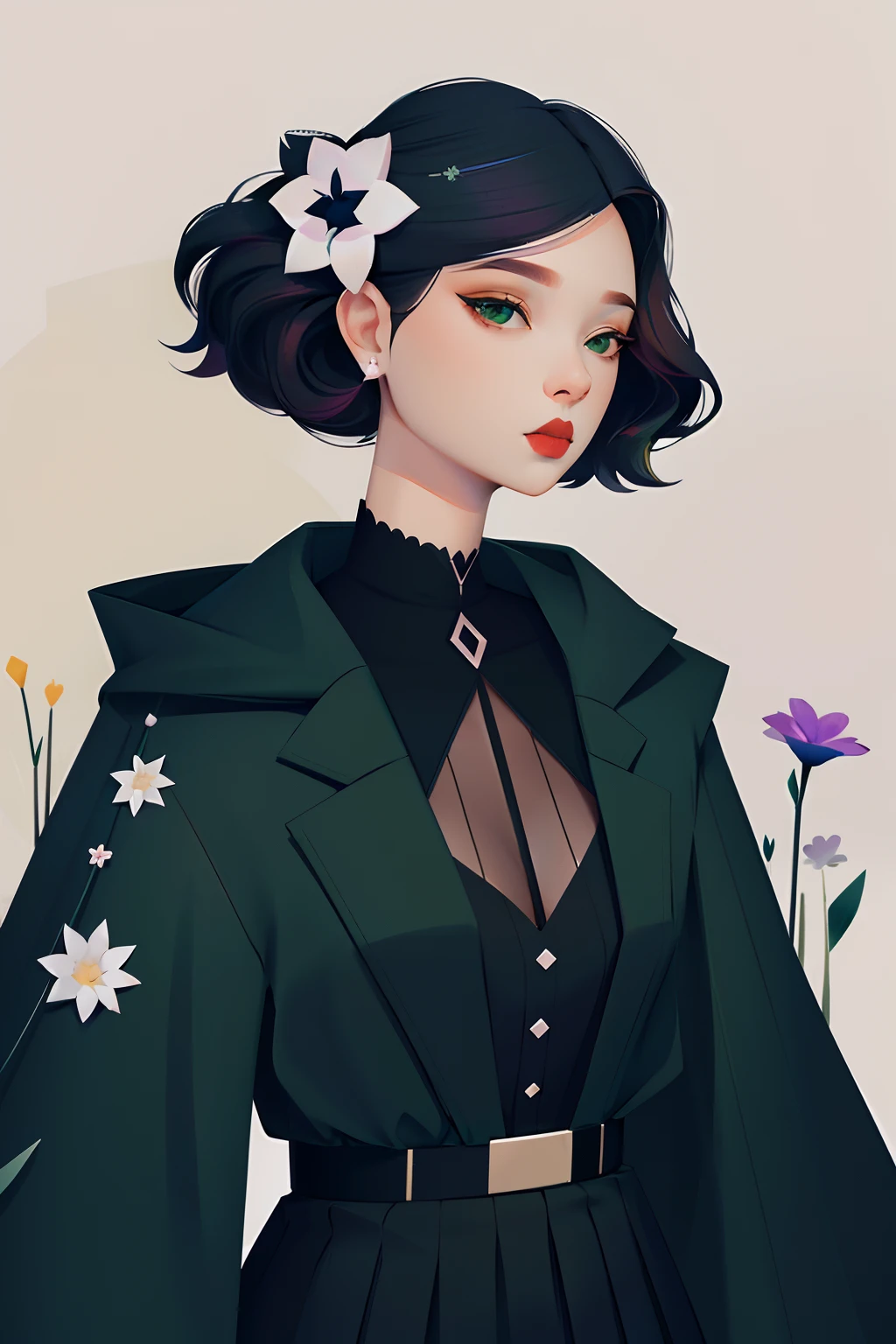 ankymoore,
1girl, solo, looking at viewer, green eyes, hair style and color in grey and black ,flower, hair flower,heterochromia, lipstick, kanzashi, fashionable modern clothes