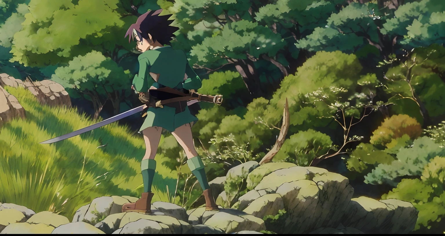 anime scene of a woman with a sword standing on a rock, style in ghibli anime, studio ghibli anime screenshot, style in ghibli anime style, miyazaki's animated film, medium shot. by hayao miyazaki, miyazaki movie scene, style of hayao miyazaki, ghibli screenshot, anime movie screenshot, in the studio ghibli anime film