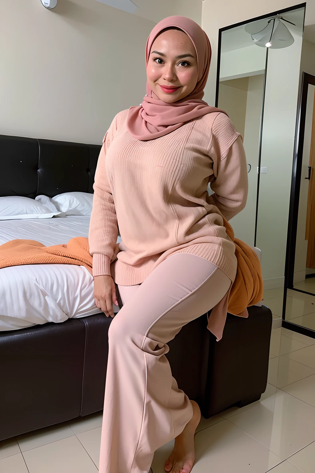 1 malay girl , (modern plain cream hijab) , smile, medium portrait shot , watery  eyes , wear sweater big oversized tshirt and black low waist pants, white modern hotel bedroom background, bright front light, breast grab pose, ((big tits:1.5)) ,  , (((sexy pose milf))) ,