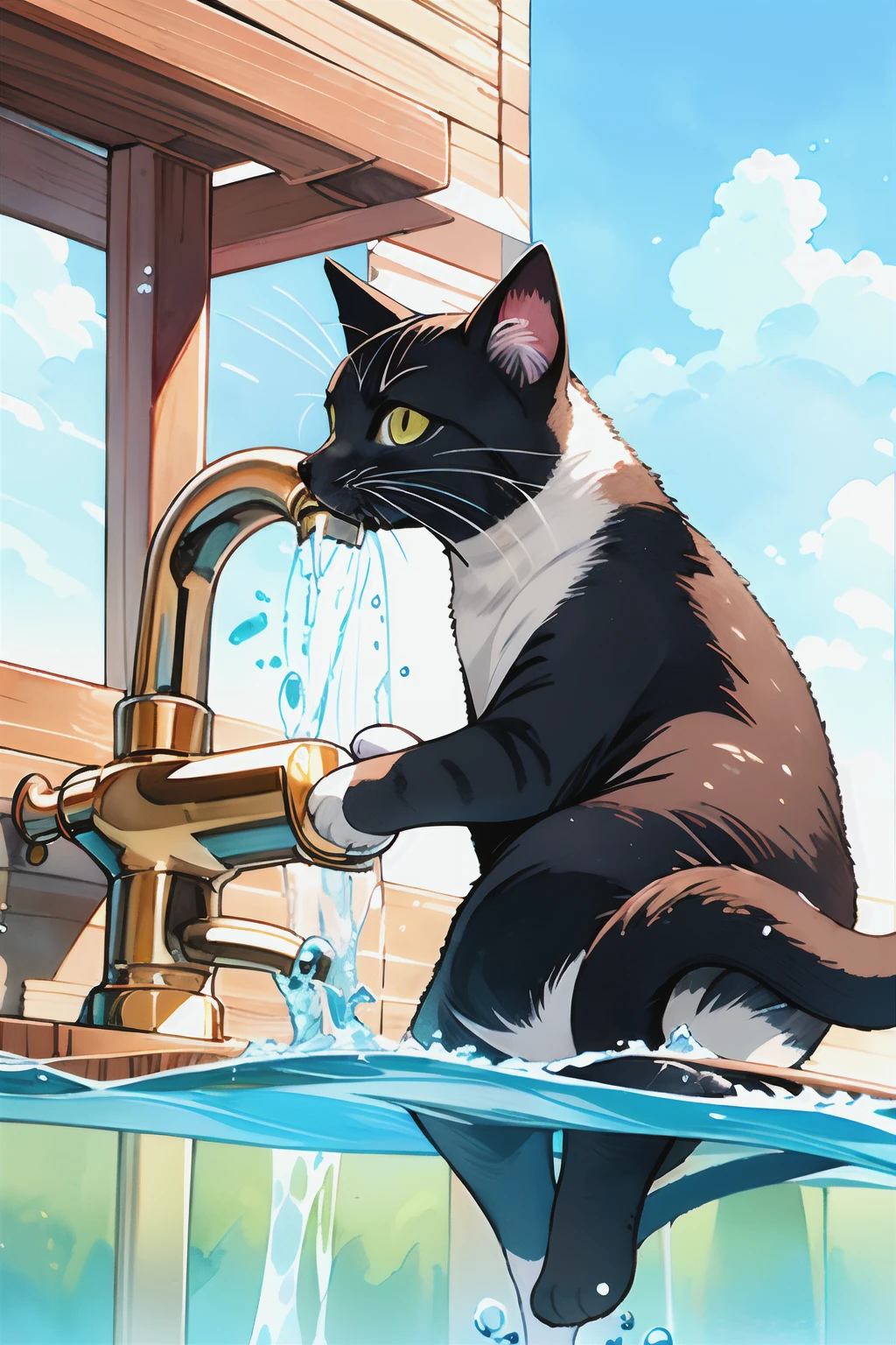 Cat trying to drink water from the tap, Bathing in water from the tap from the head, Anime Watercolor Painting