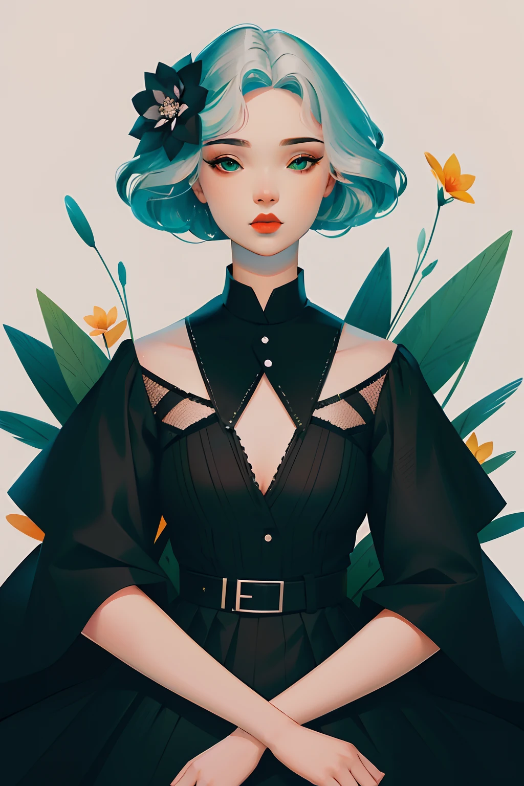 ankymoore,
1girl, solo, looking at viewer, green eyes, hair style and color in grey and black ,flower, hair flower,heterochromia, lipstick, kanzashi, fashionable modern clothes
