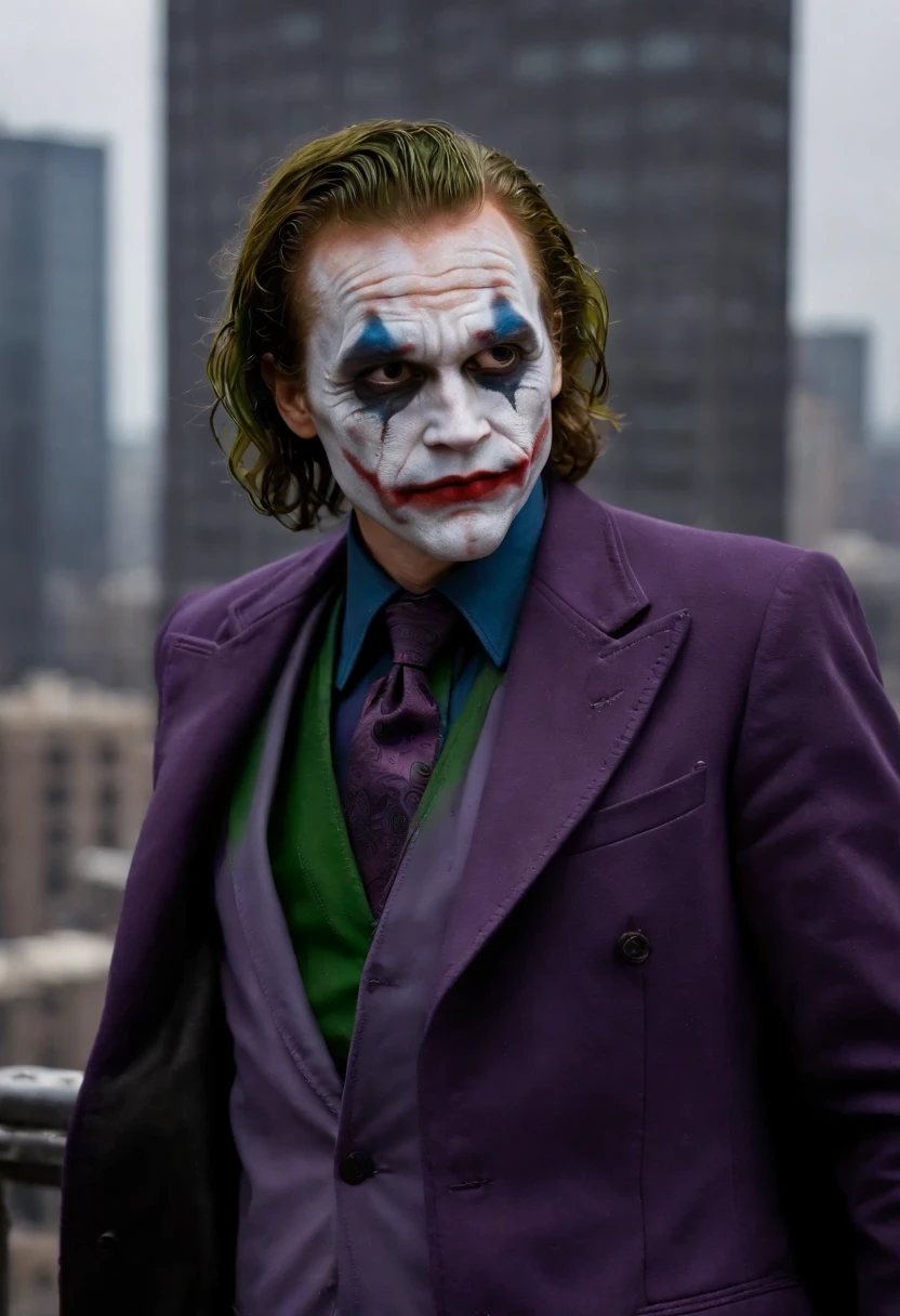 DC comics, The joker (insane smile, big stary eyes, trademark purple outfit, arms out) standing on the roof  of a skyscraper, viewed from a low angle behind shoulder, insane starry night with evil stars