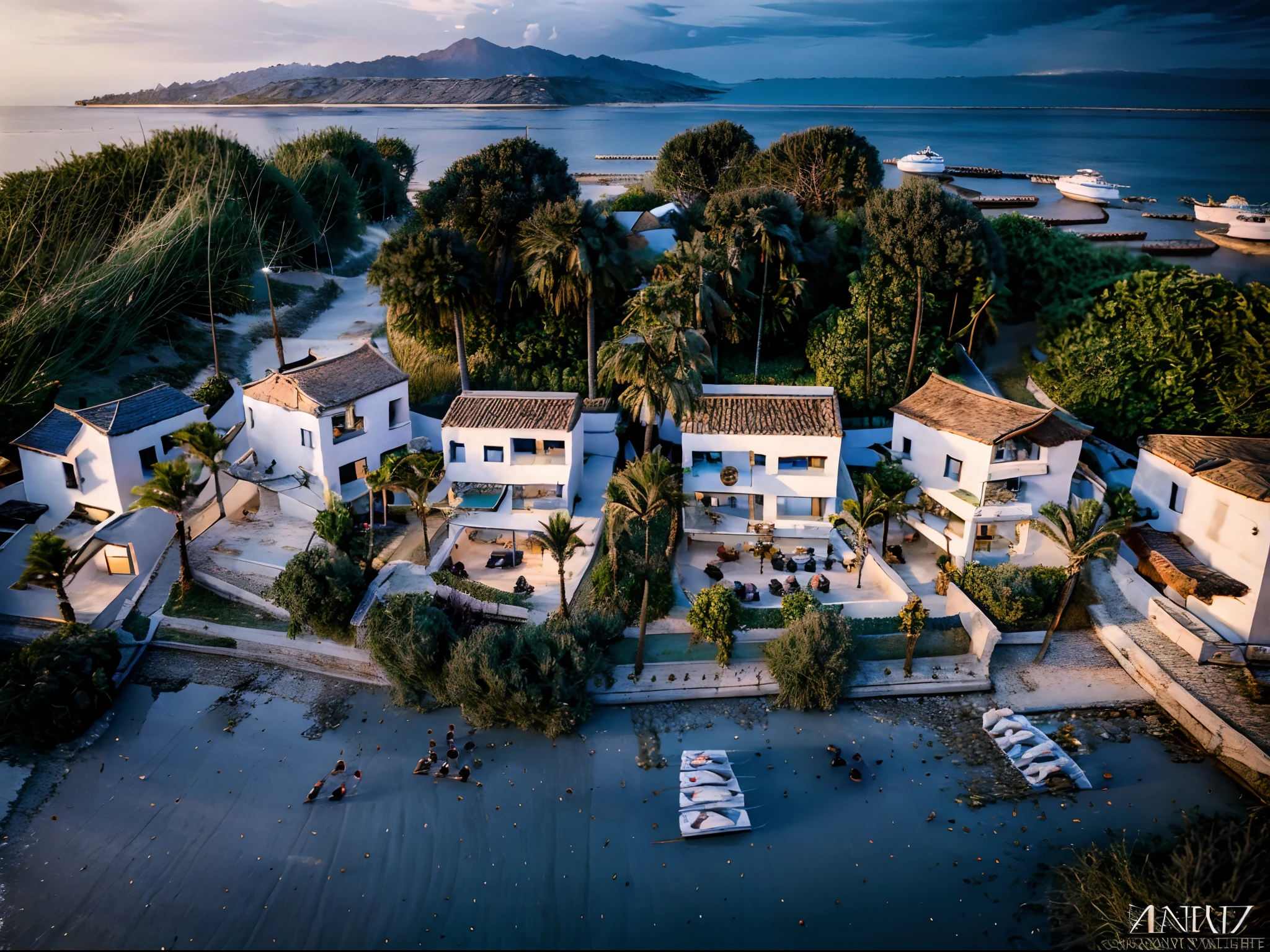 Coastal village，ancient buildings of China，coconut palms，Blue sea，seagulls，Sail ships，drone point of view，Top-down view，Sunset light and shadow