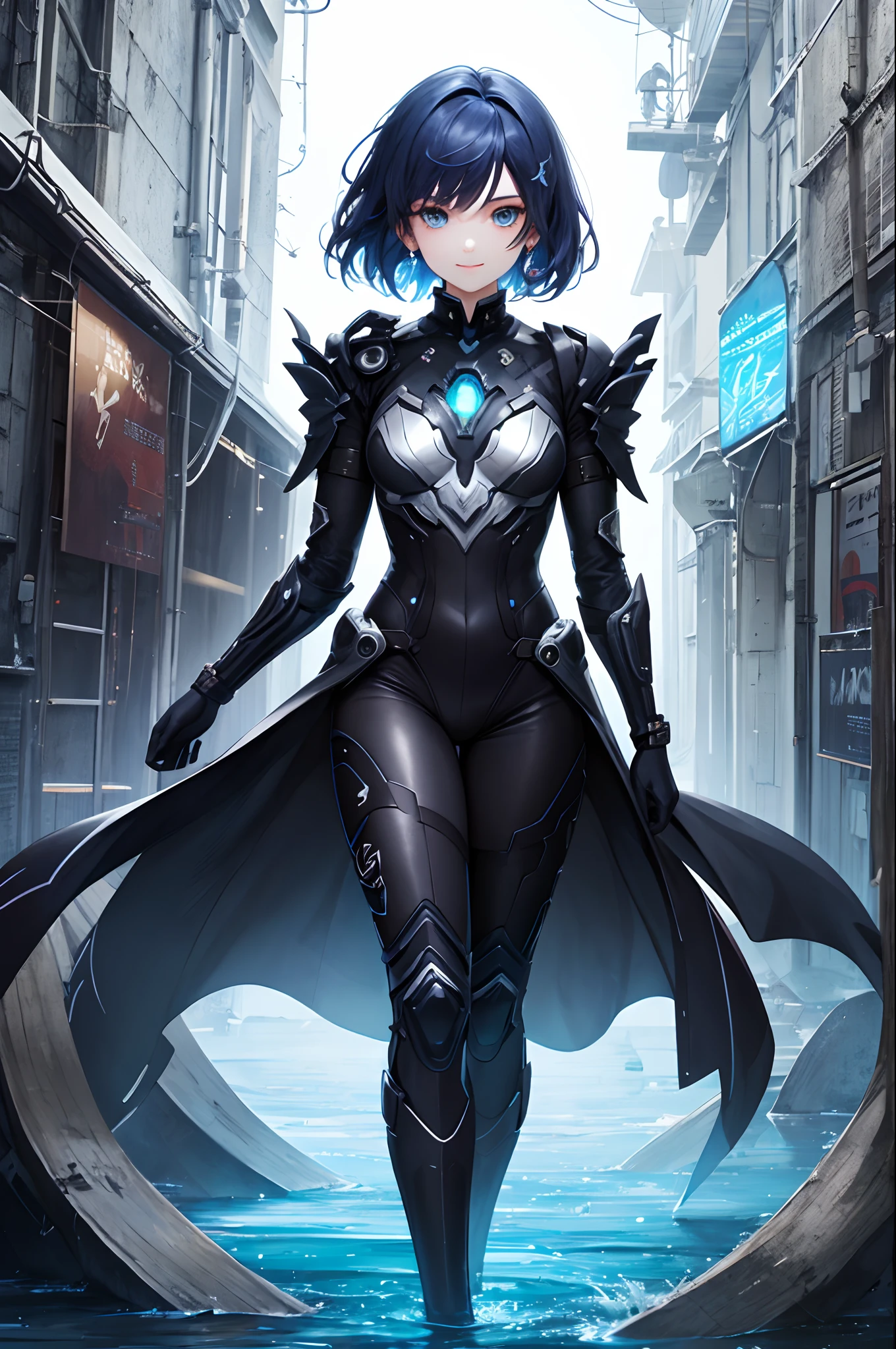 top-quality、Top image quality、​masterpiece、超A high resolution、Android Beautiful Girl、sixteen years old, Cybersuit glowing black, The source of red energy on the chest、Blue hair、short-haired,Blue eyes、A slender、Gentle smile、The face is depicted in detail、Eyes are drawn in detail、Clothes are depicted in detail、hiquality、Beautiful Art、Fantastic Universe、Elaborate design、The background is detailed、soio、sorcerer、animesque、illustratio、Full body front