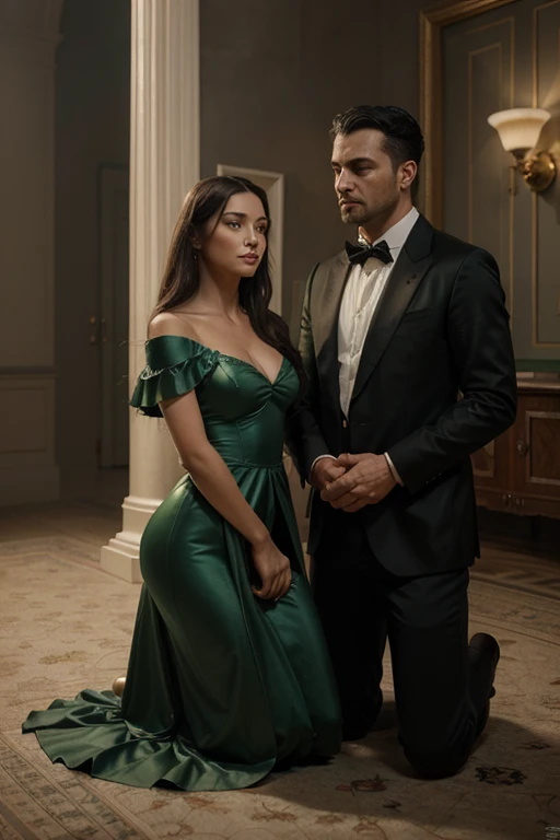 a man kneeling down to a woman in a green dress, woman in standing posture, woman is happy and surprised, a digital rendering by Elena Guro, trending on cg society, conceptual art, movie promotional image, roberto ferri and ruan jia, [ theatrical ],