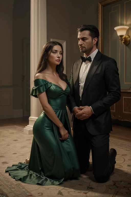 a man kneeling down to a woman in a green dress, woman in standing posture, woman is happy and surprised, a digital rendering by Elena Guro, trending on cg society, conceptual art, movie promotional image, roberto ferri and ruan jia, [ theatrical ],