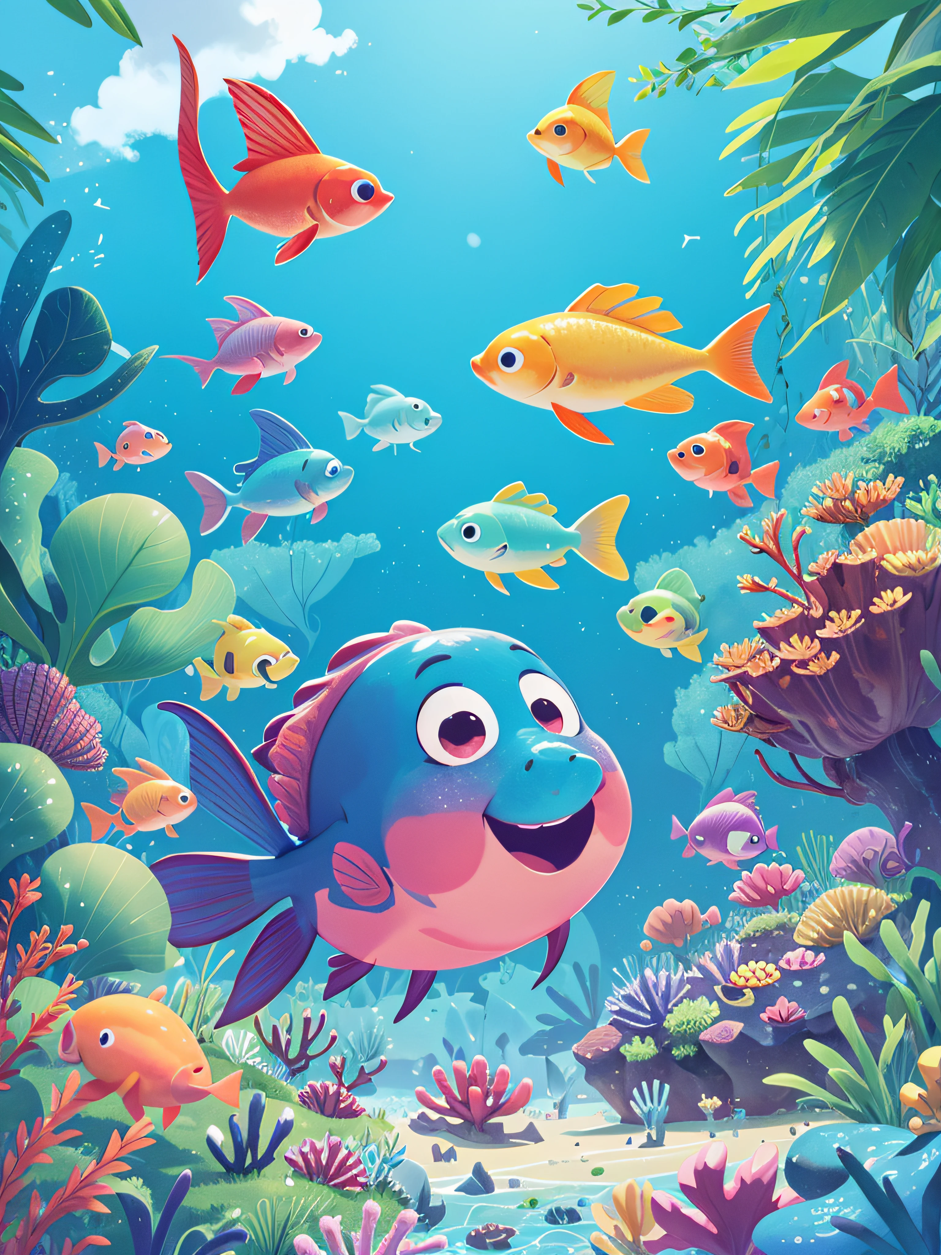 Illustration of a colorful fish on the seabed looking at the blue sky for children's book, masterpiece, high quality,