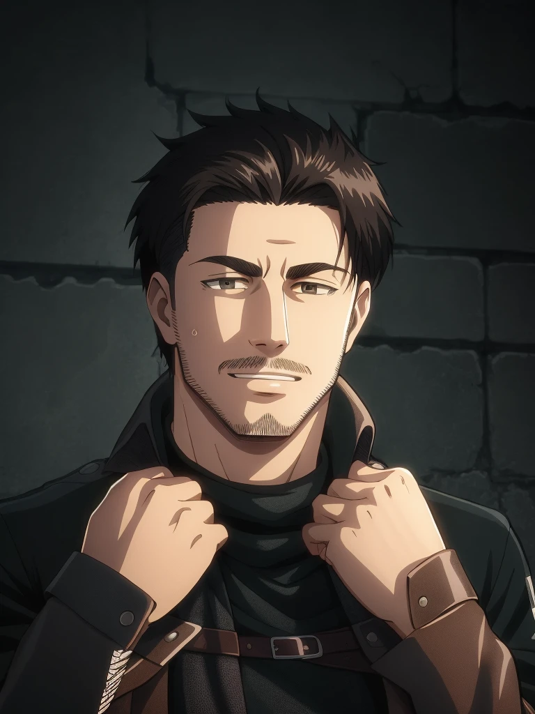 HD, (best detail), (Best quality), Attack on Titan, ssmile, arafed man in a black jacket and a brown shirt,