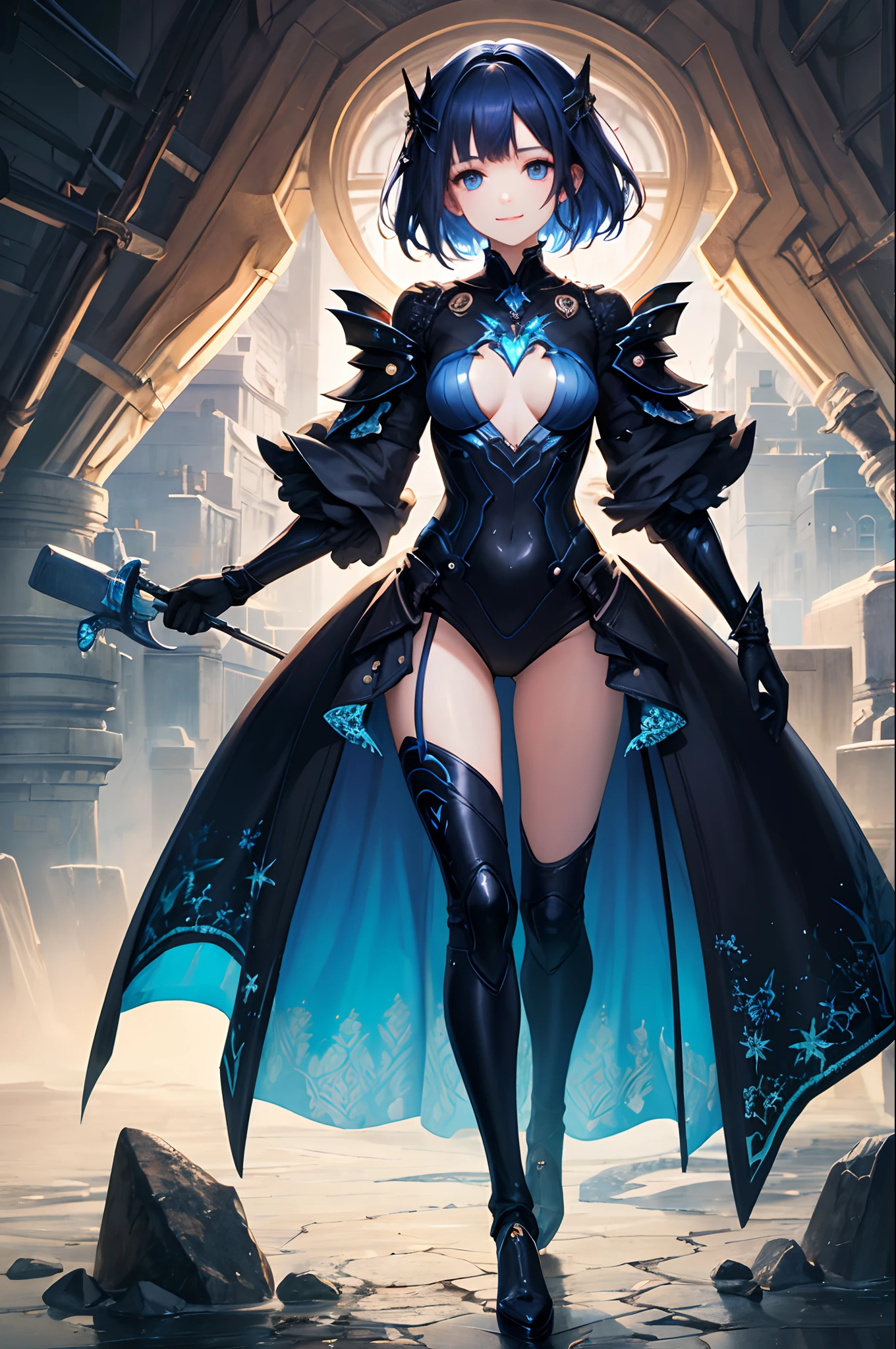 top-quality、Top image quality、masterpiece、超A high resolution、Android Beautiful Girl、, Cybersuit glowing black, The source of red energy on the chest、Blue hair、short-haired,Blue eyes、A slender、Gentle smile、The face is depicted in detail、Eyes are drawn in detail、Clothes are depicted in detail、hiquality、Beautiful Art、Fantastic Universe、Elaborate design、The background is detailed、soio、sorcerer、animesque、illustratio、Full body front
