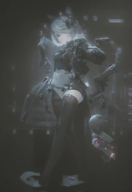 ((The best quality)), ((Masterpiece)), (Very detailed:1.3), ..............3D, beautiful (Cyberpunk:1.3) hacker woman, short hairstyle,short hair, Return to viewer, Thick hair, Operating computer terminal, head mounted display, computer server, LCD screen, fiber optic cable, Company logo, HDR (High Dymanic Range), ray tracing, NVIDIA RTX, super resolution, Unreal 5, Subsoil Scatter, PBR texture, Post-processing, Anisotropic filtering, depth of field, maximum sharpness and sharpness, Multilayer textures, Albedo y Highlight Maps, Surface shading, Accurate simulation of light-material interactions, perfect proportions, octane rendering, duotone lighting, Low ISO, white balance, rule of thirds, wide opening, 8K RAW, efficient sub-pixels, sub-pixel convolution, glow particles, dynamic pose