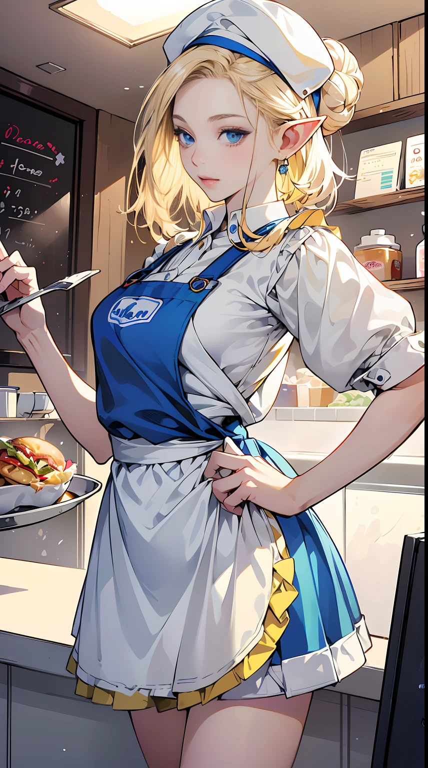 (masterpiece), best quality, expressive eyes, perfect face, (1elf girl working at a fast food restaurant), ((wearing a yellow and red apron and a food service hat)), (standing behind the cash register with the menu on the board behind her), paint on her fingers, a large soda cup sitting next to her on the counter, ((clean and colorful restaurant interior)), (Braid Bun hair, short hair, Perfect lips, (white blonde hair, Deep Blue Eyes:1.2), Gentle expression. By Yusuke Murata.