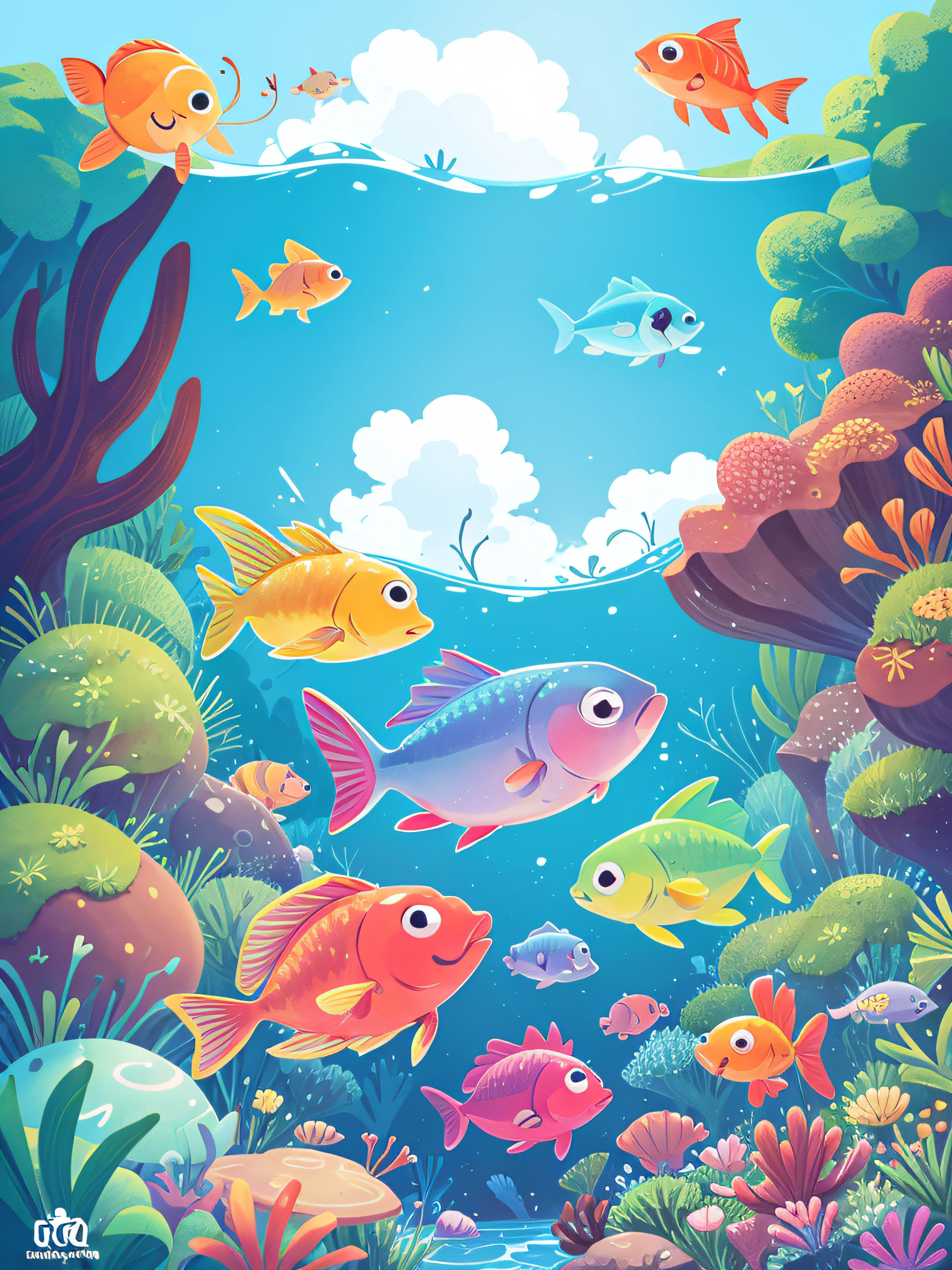 Illustration of a colorful fish on the seabed looking at the blue sky for children's book, masterpiece, high quality,
