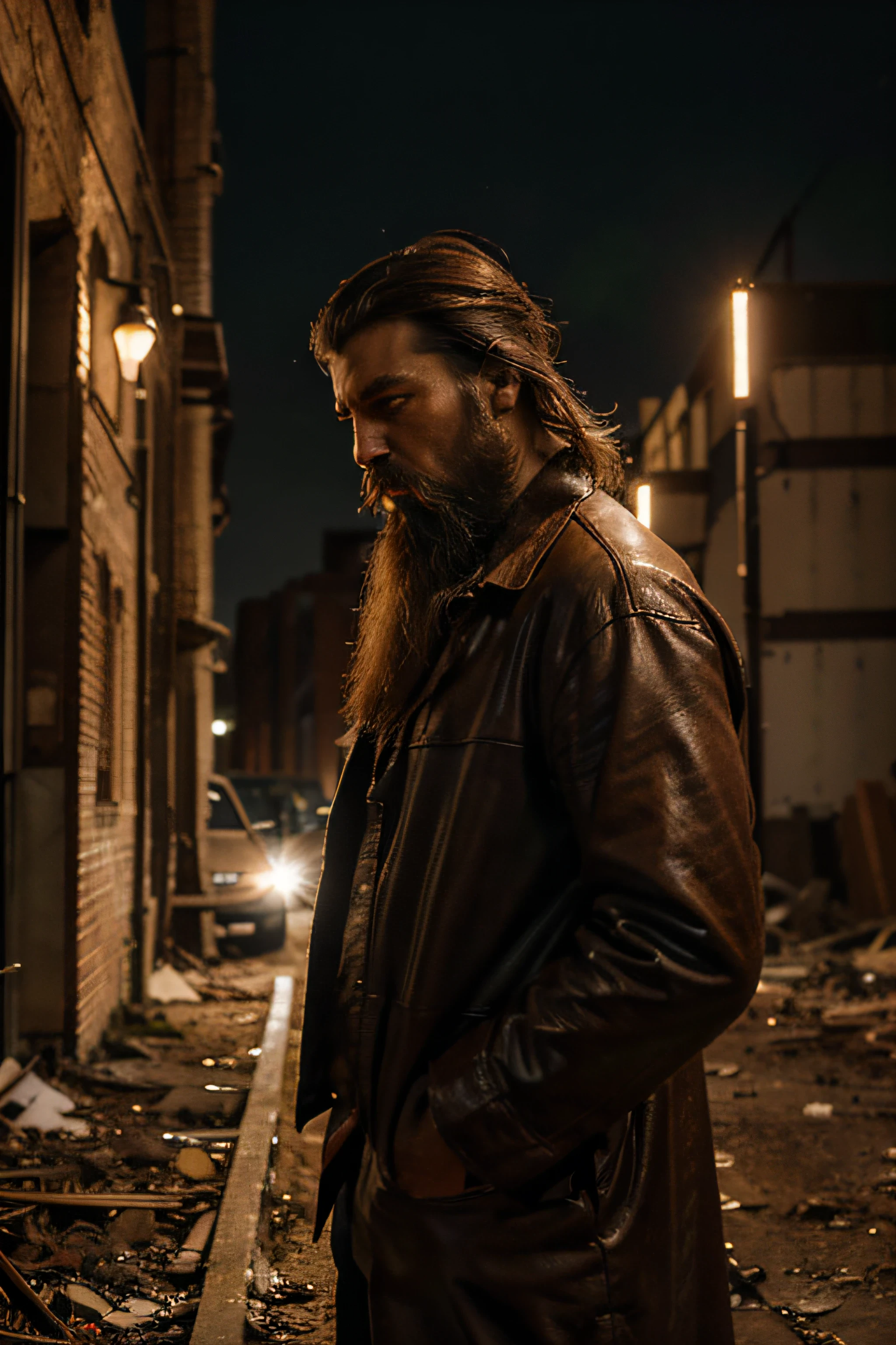 A man leans against the luxury overshoot,HEIGHT 185CM,Beard,smokes,Two women stand behind the men,Scene abandoned factory,The lights are gorgeous,4K,Crazy details of the face,Oversized bust,夏天
