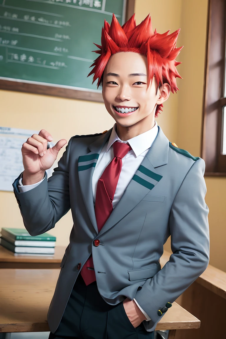 (masterpiece, best quality:1.2), cowboy shot, solo, 1boy, kirishima eijiro, sharp teeth, smile, looking at viewer, hand in pocket, u.a. school uniform, grey jacket, necktie, green pants