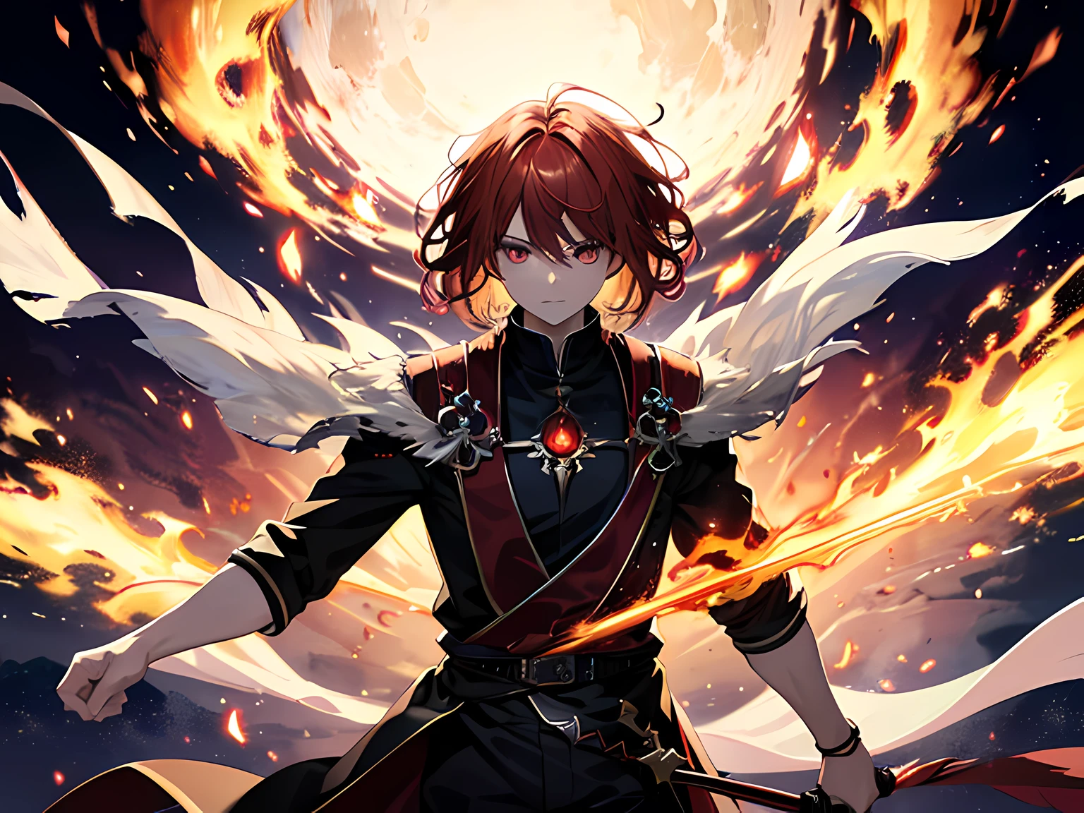 (ultra-detailed, perfect pixel, highres, best quality, beautiful eyes finely detailed), 19 years old anime boy, short raven hair, wavy hair, parted bangs, blonde hair, gradient hair color, flowing crimson hair that dances like flames, there is many red fire swirling around his body (transparent:0.7), showing his over power aura (dangerous and terrifying aura), dangerous, he holding a magical sword, magus, red eyes, realistic fire, the background is full of magical particles and realistic blue fire. lens flare, glowing light, reflection light, motion blur, 8k, super detail, ccurate, best quality, Ray tracing.