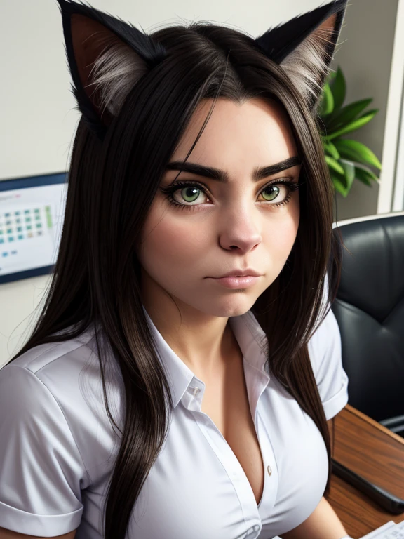 4k photograph of a gorgeous busty anthro cat girl, sexy anthro cat girl, cat ears, cat nose, view from above, whiskers, sexy gorgeous feline face, fuzzy hair texture, Billie Eilish, sexy cat woman, wearing an office shirt, busty, expressive face, upset facial expression, cat snout, realistic office background, photorealistic, highly detailed resolution, detailed texture