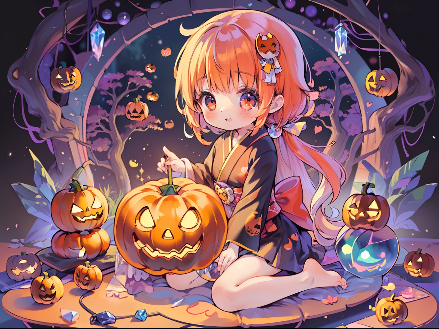 (masutepiece),(Best Quality),(floating),(High resolution),(Dynamic Angle),(beautiful japanese female),jack-o-lanterns(kawaii, Cute, Tiny, Chibi:1.3), (Jack-o'-lantern floating on the crystal sphere:1.4), (Colored leaves),(W-sitting),(embarrassed),(Heart Eyes), (hand between legs), PsyAI