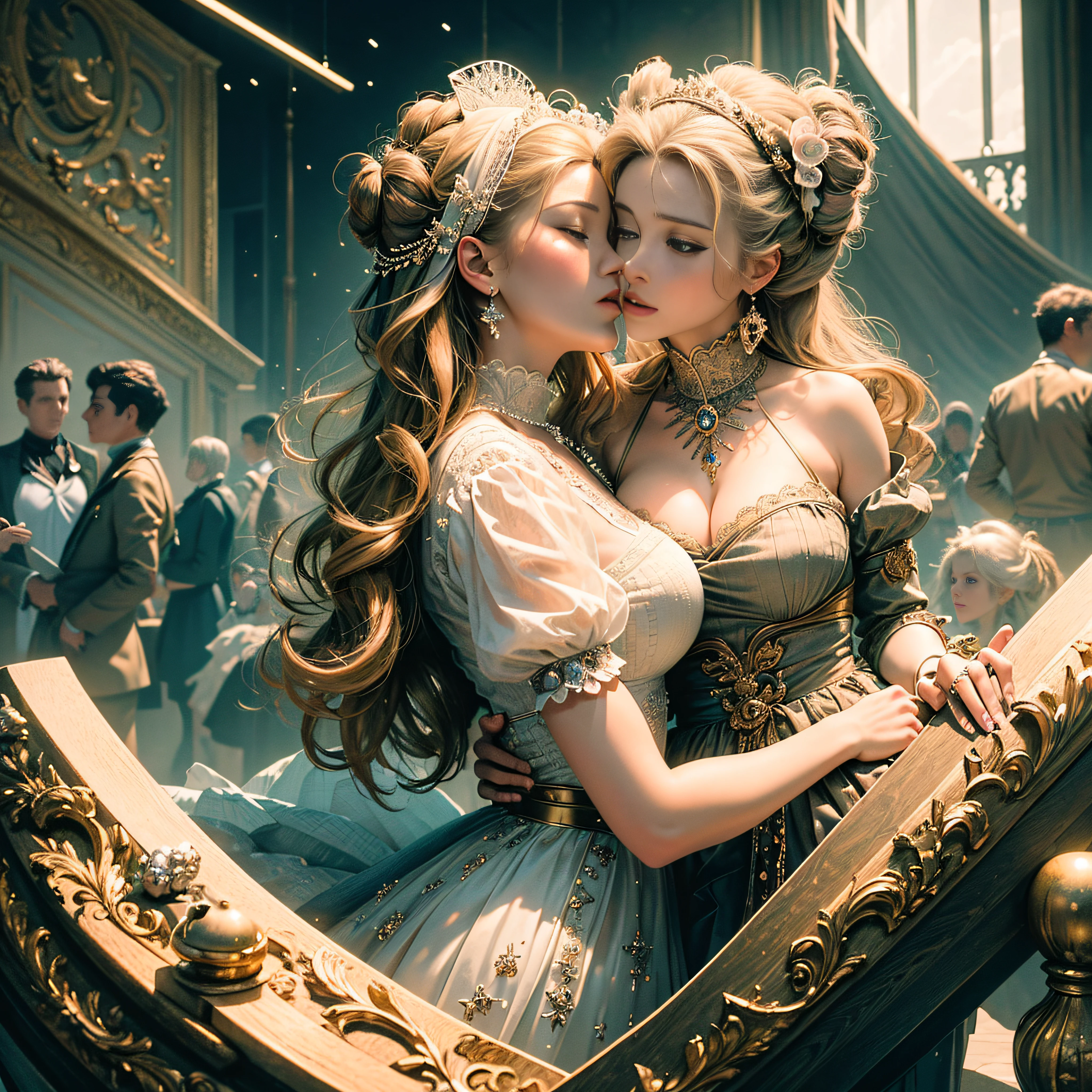 Masterpiece – Masterpiece ○○ quality – ○○ quality best quality(Highest Quality) , High quality(hiquality) etc ○○ detailed – ○○ details ultra detailed(Ultra-fine ) , Extremely detailed(Extremely detailed) , Finely detailed(Fine-grained) etc ○○ res – ○○ resolution ultra high res(超A high resolution) , very high res(hight resolution) etc Realistic – Realistic Photorealistic – photorealistic beautiful – beautiful 4k , 8K , 16K – 4K image quality , 8K , 16k distinct – clearly Best Aesthetic – Supremely Aesthetic ,Marie Antoinette embracing and kissing and holding her female lover's breasts, Palace of Versailles,ue,1人,up hairstyle