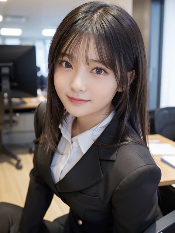 (Natural background), masterpiece, Highest quality, shape, Very detailed, finely, High resolution, 8k wallpaper, 完璧なダイナミックな構shape, finelyて美しい目, Big Breasts, Natural color lip, Random pose, smile, ((office)), 20-year-old girl, Full Body Shot, Long Hair, ((working office uniform)), (dark), Thinking Ahead, Sit on a chair