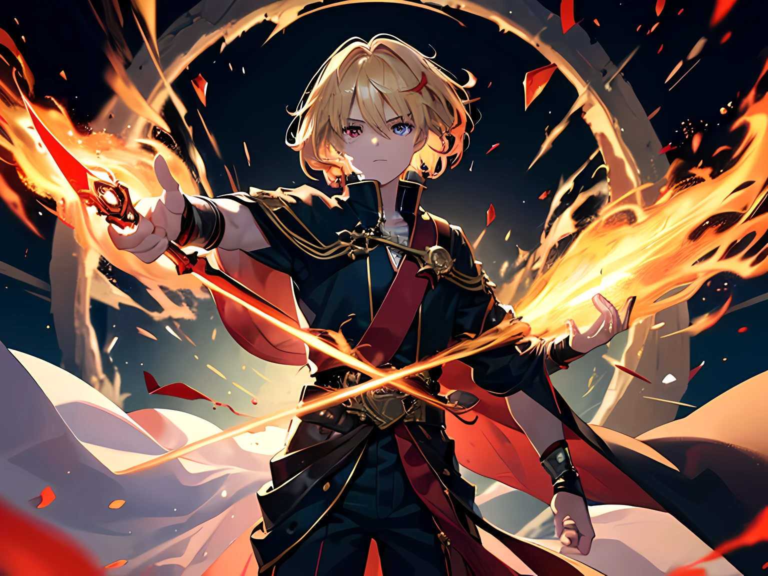 (ultra-detailed, perfect pixel, highres, best quality, beautiful eyes finely detailed), 19 years old anime boy, short raven hair, wavy hair, parted bangs, blonde hair, gradient hair color, flowing crimson hair that dances like flames, there is many red fire swirling around his body (transparent:0.7), showing his over power aura (dangerous and terrifying aura), dangerous, he holding a magical sword, magus, red eyes, realistic fire, the background is full of magical particles and realistic blue fire. lens flare, glowing light, reflection light, motion blur, 8k, super detail, ccurate, best quality, Ray tracing.