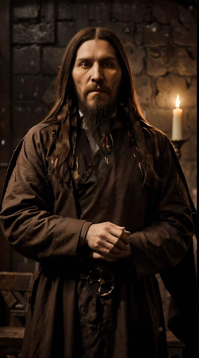 (((Rasputin the Mad Monk))) standing in a dimly lit medieval chamber, wearing tattered robes with a mystical glow emanating from his hands. Capture the intense gaze and weathered features. Realistic photography with a (((short telephoto lens))) for detailed close-up. The background should include antique furniture and subtle candlelight for atmosphere.