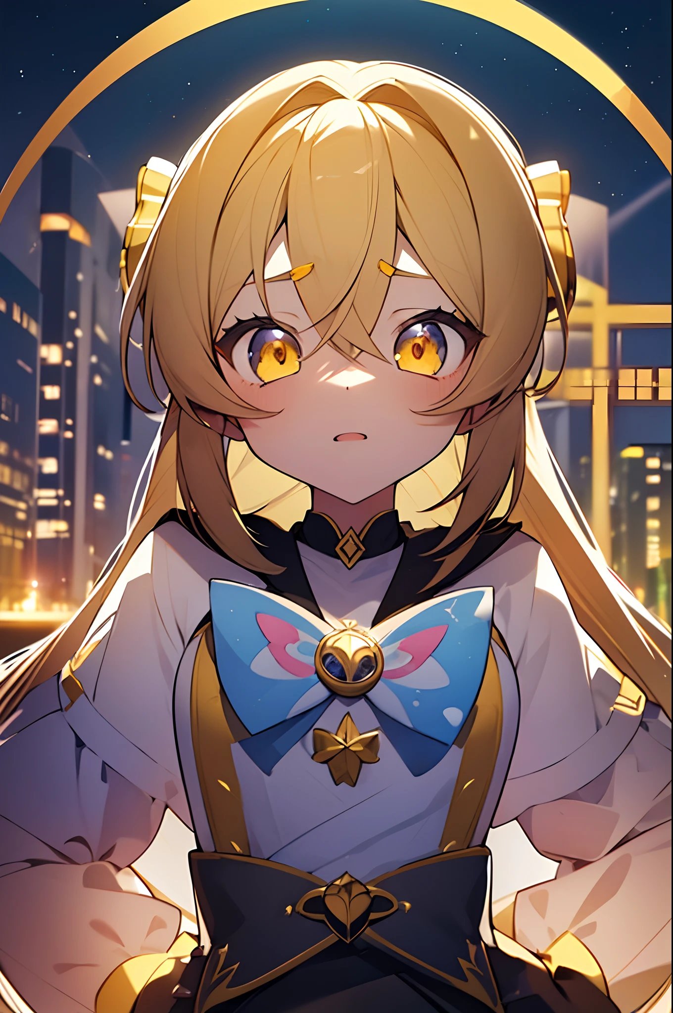 1girl. yellow hair.long hair.twintails.short stature. small breast.skirt. (((masterpiece))).(((best quality))).)((ultra-detailed))).(((illustration))). (((put your hands on your hips))).(((night view))).Magical girl costume.magic circles.Sad face.open mouth.