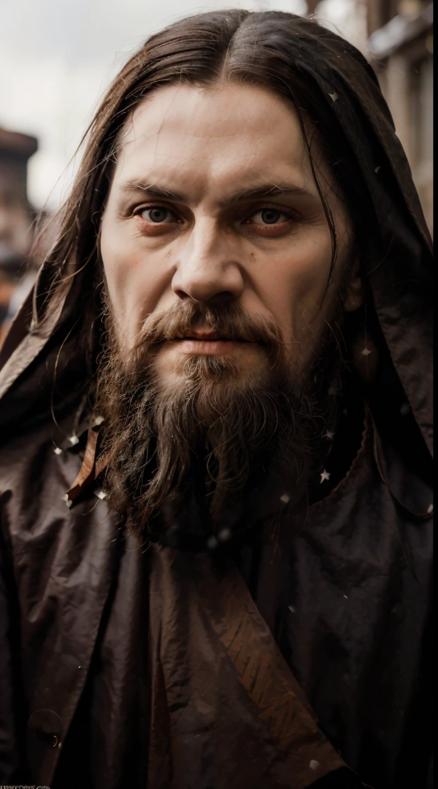 (((Rasputin, the Mad Monk))), portrayed in a realistic photographic style, standing in a vintage Russian setting during the early 20th century. Utilize a (((medium telephoto lens))) for a balanced shot capturing Rasputin's enigmatic presence. Emphasize authentic period details, including clothing, lighting, and background architecture